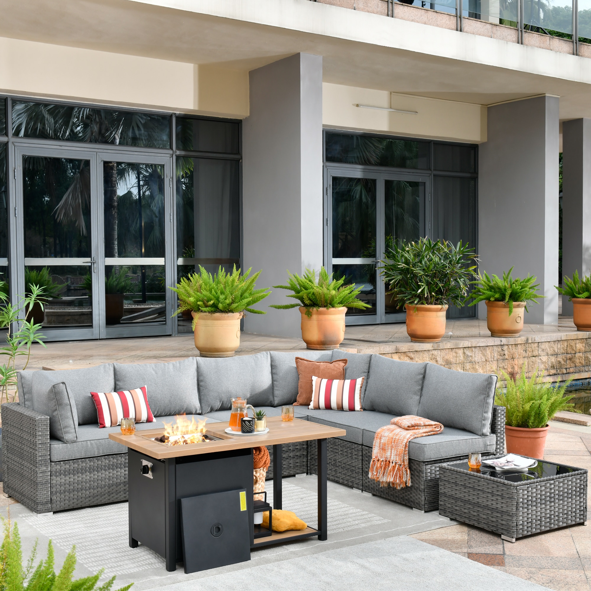 Pouuin SDFPHOP207 8 -Piece Wicker Patio Sofa Conversation Set with Dark Gray Cushions