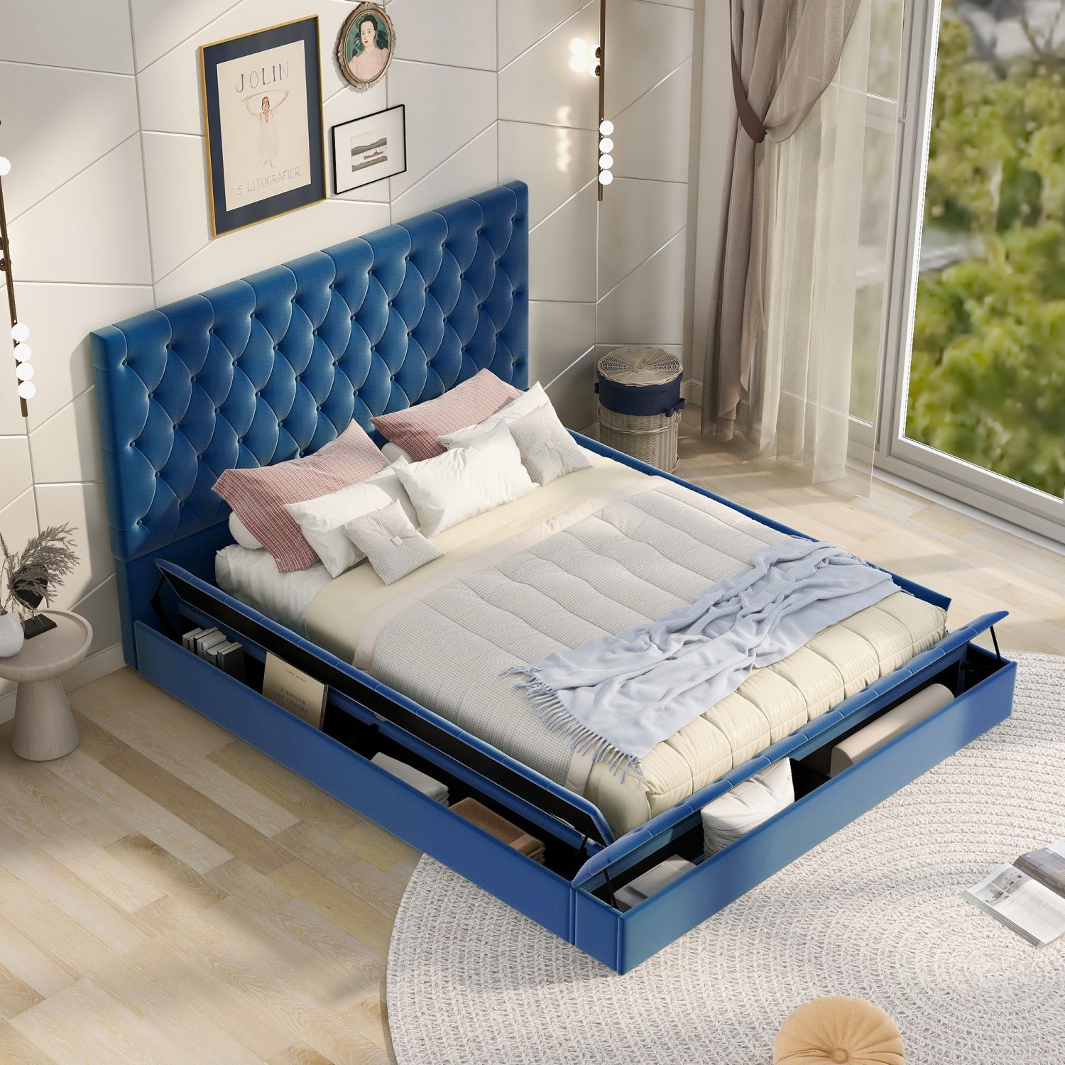 JASMODER GX001501AAC Blue Full Composite Platform Bed with Storage