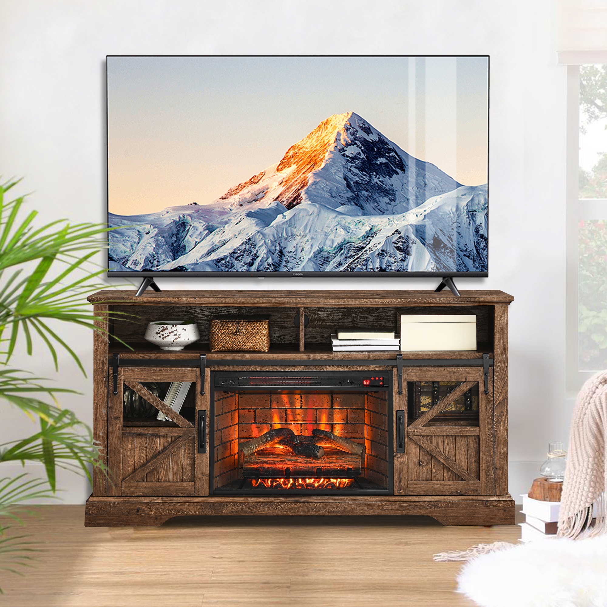 Sunrinx 60-in W Brown TV Stand with Infrared Quartz Electric Fireplace MG63-5-GSD Sansujyuku sansujyuku.com