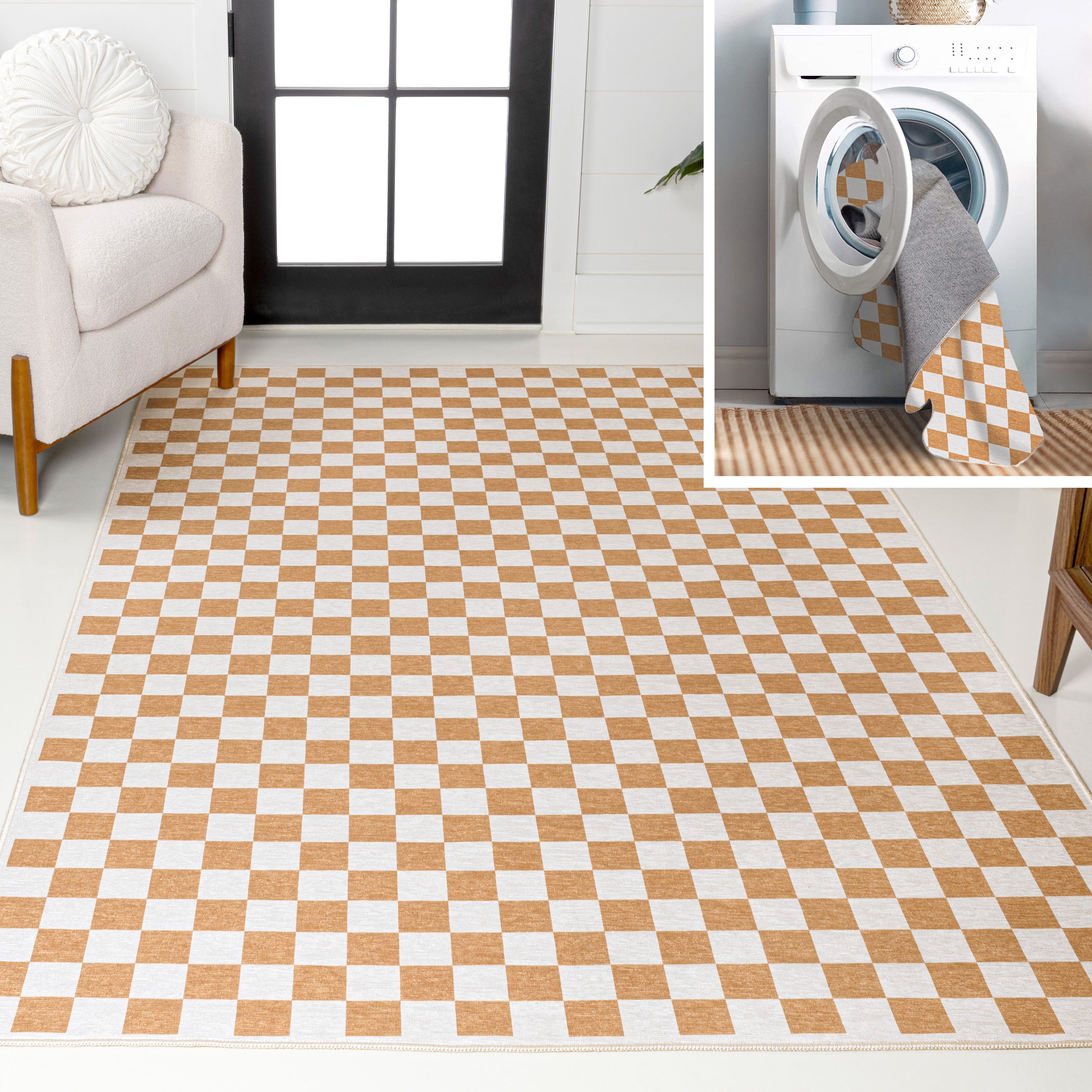 JONATHAN  Y WSH126B-4 WASHABLE Ainsley Cottage Checkerboard 4 x 6 (ft) Loomed Chenille Gold/Cream Rectangular Indoor Geometric Farmhouse/Cottage Machine washable Area rug