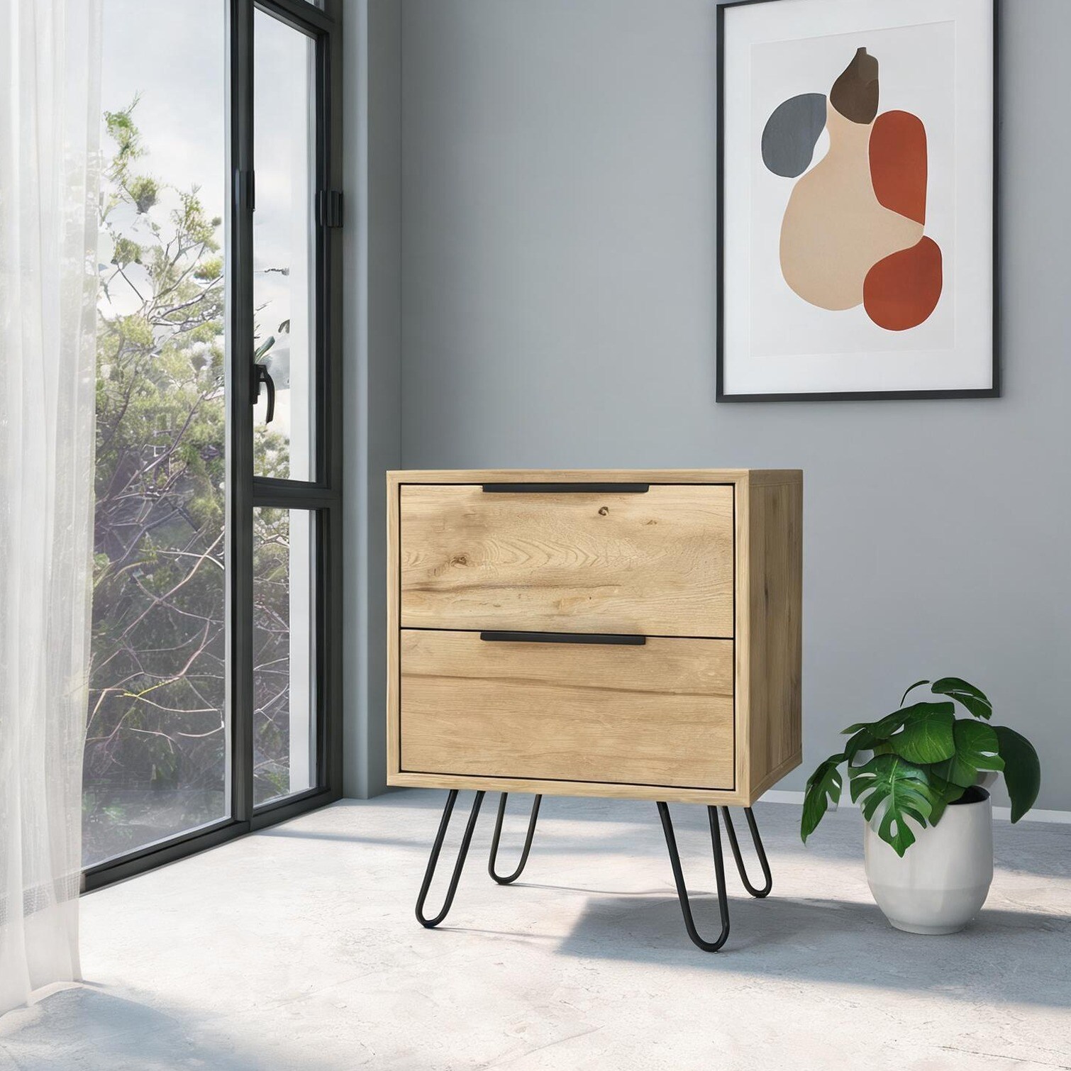 Two-Drawer Nightstand Modern Rectangular Shape Particle Board in Neutral Beige 22.4-Inch Height