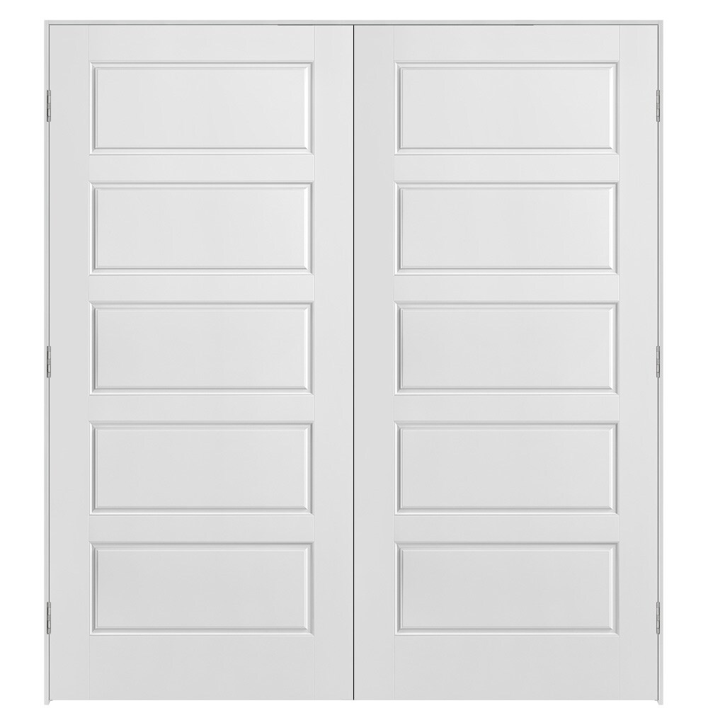 Masonite 640907 72-in x 80-in Primed Hollow core 5-panel square Bi-parting Smooth Primed Molded composite Flat Jamb Double Prehung Interior Door