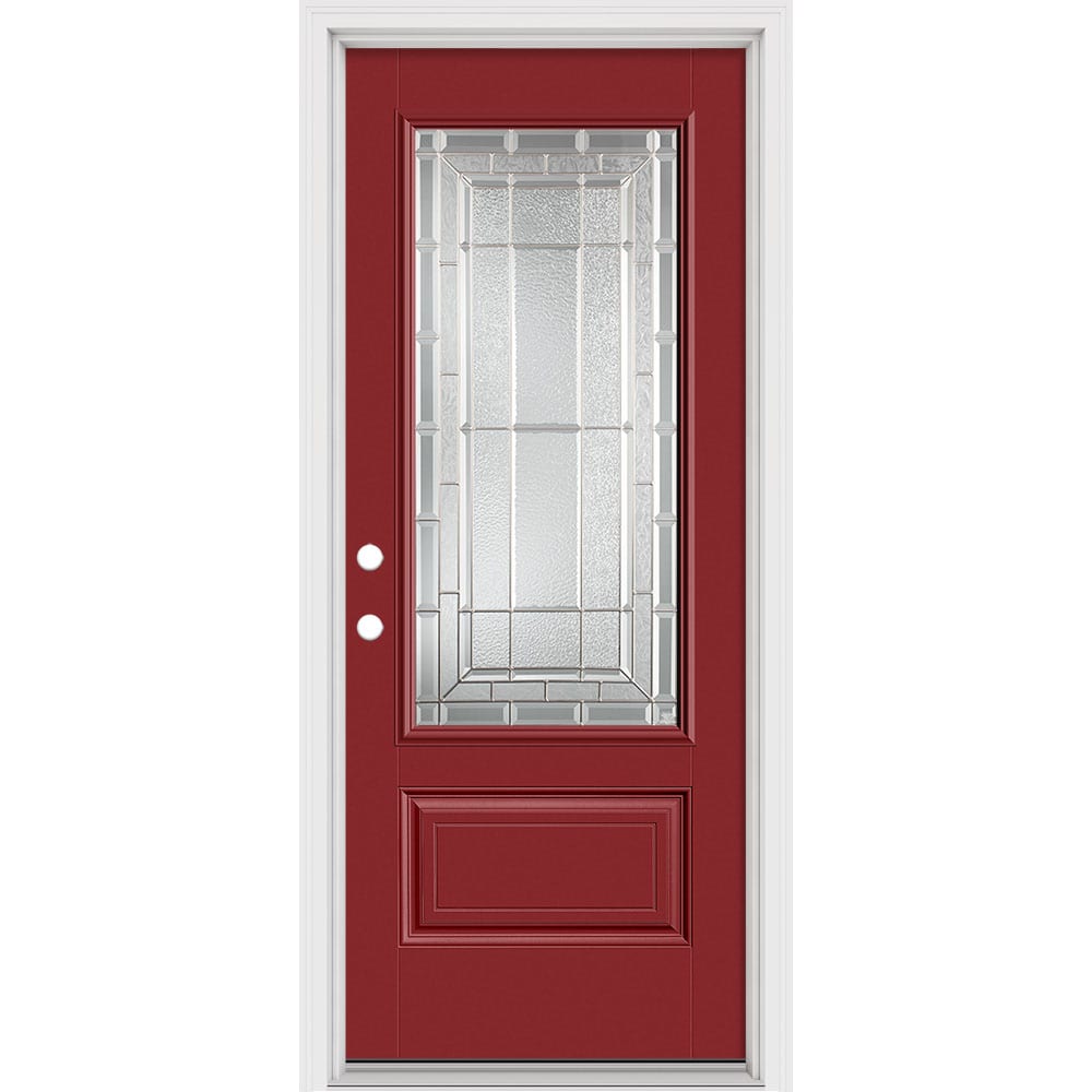 Masonite 631189 Sequence 32-in x 80-in x 4-9/16-in Fiberglass 3/4 lite Right-hand inswing Roma Red Painted Prehung Front Door with Brickmould Insulating core