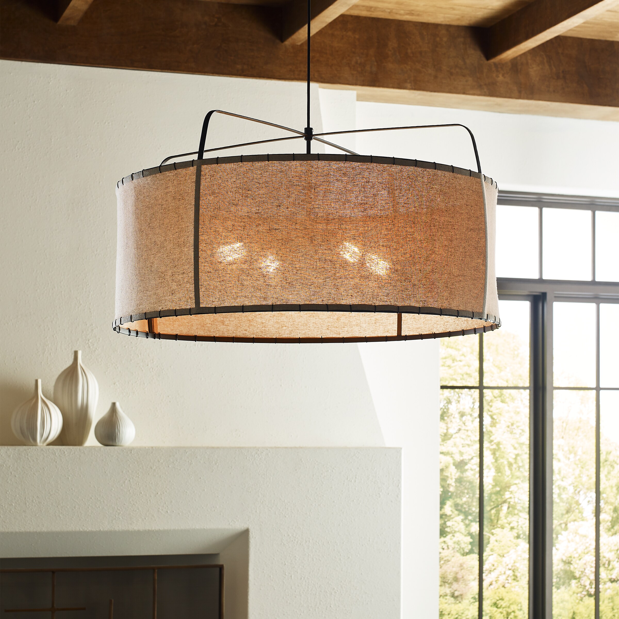 Ellen DeGeneres Aged Iron 34" Drum Pendant with Linen Shade