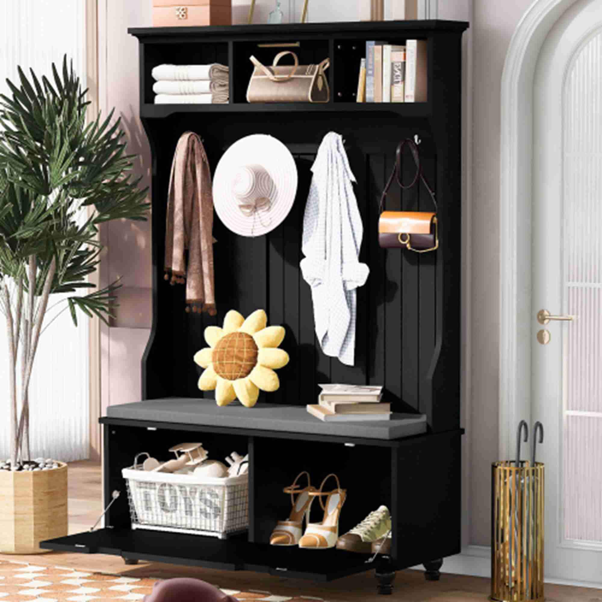 Zeus & Ruta 724HATREE-16 Modern 47.2-in Black Wood Hall Tree