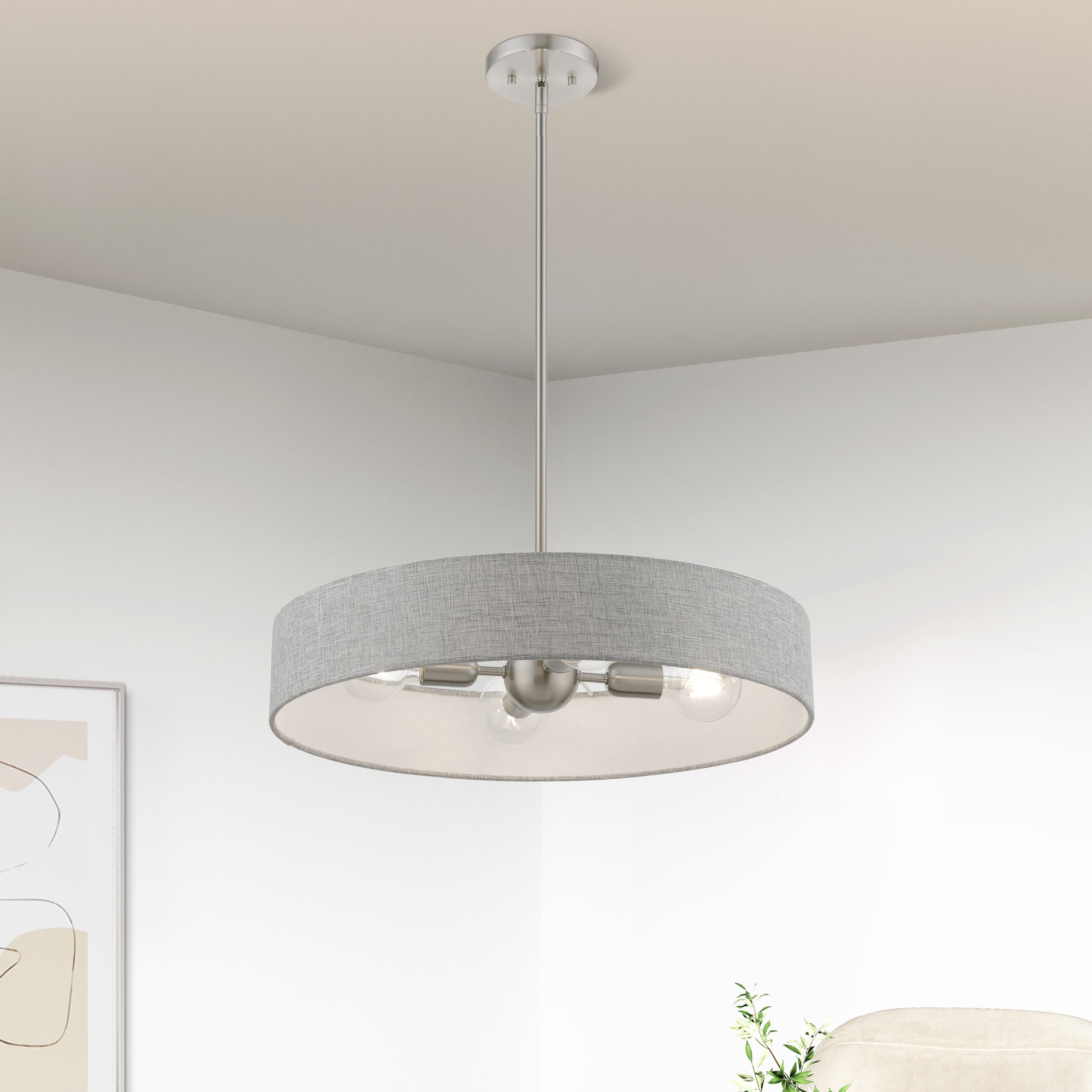 Elmhurst Brushed Nickel 4-Light Indoor Drum Pendant with Shiny White Accents