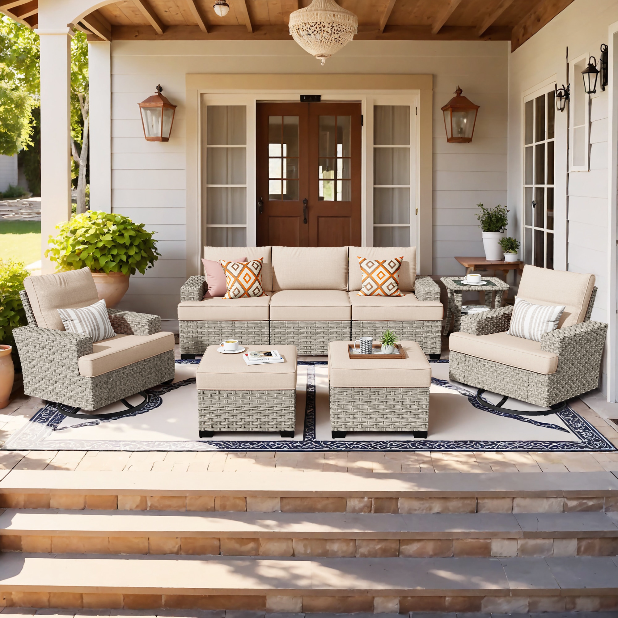 Caodoc L5-YZTBS608-1 CFP03-VYZSKT Wicker Outdoor Sectional with Beige Cushions and Wicker Frame