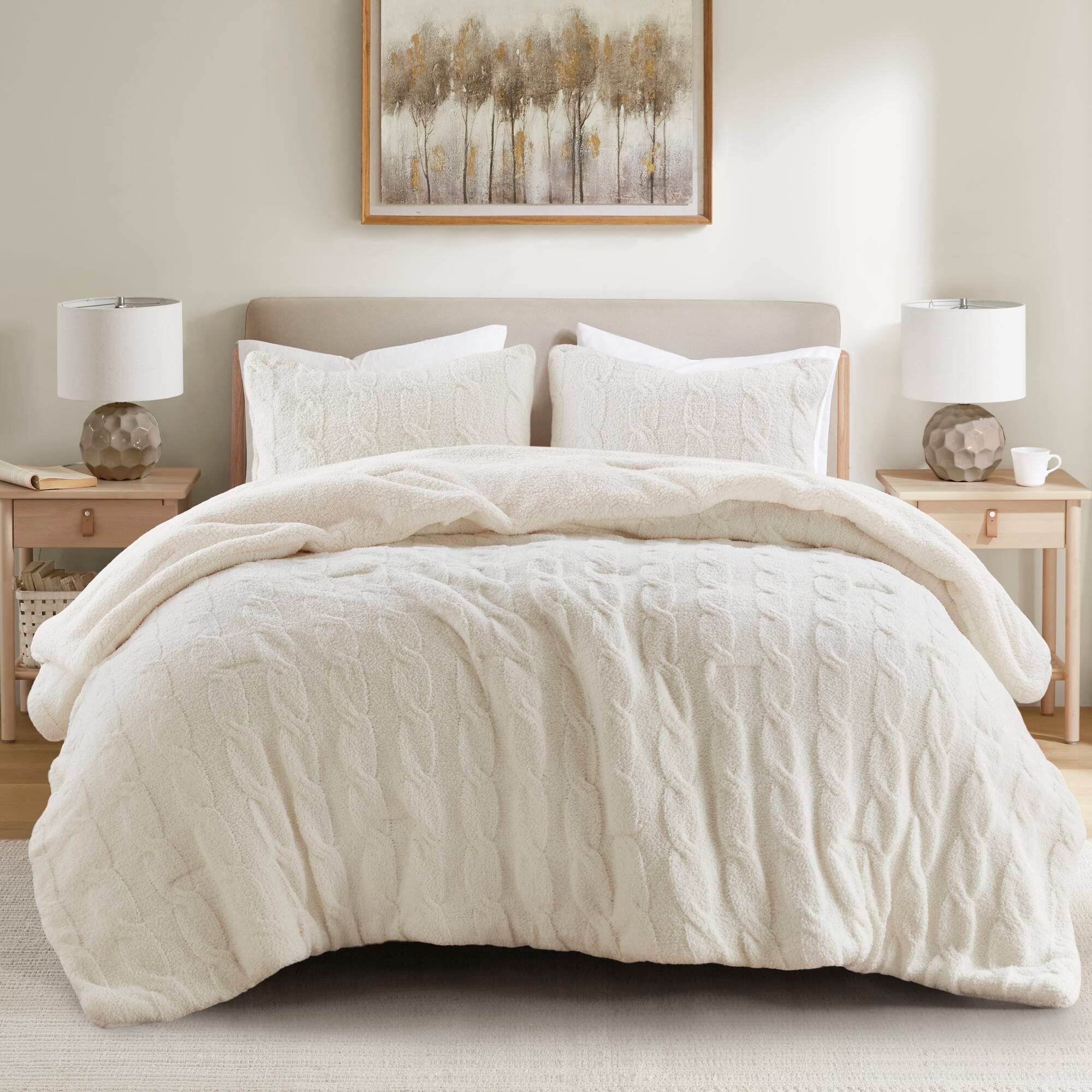 Tinyhomie 3 Pieces King/Cal King Cable Knit Chenille Comforter Set Ivory