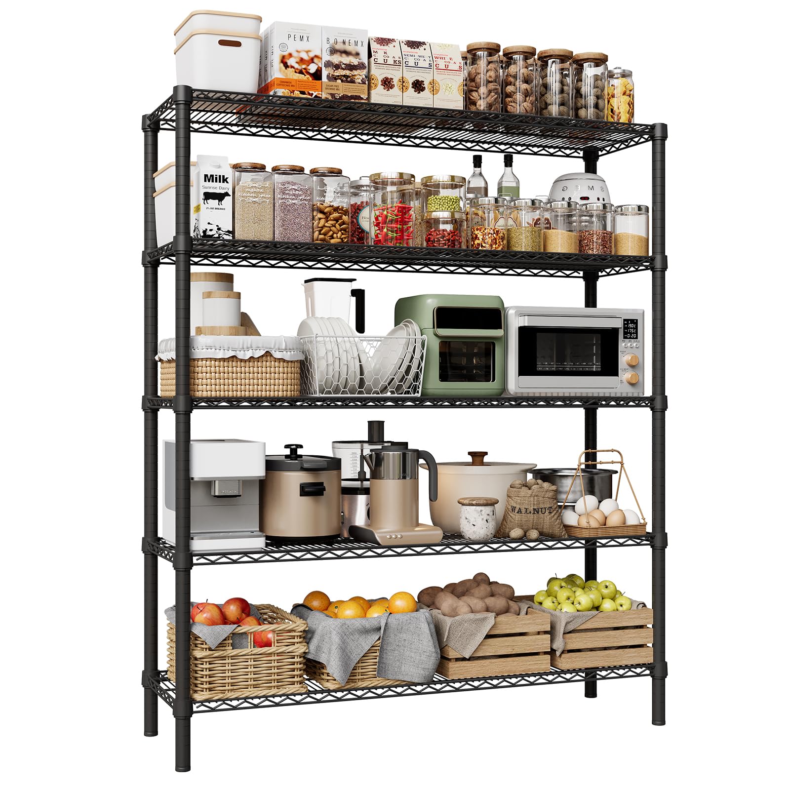 Garvee 5-Tier Heavy Duty Wire Shelving Unit 3300LBS Capacity Adjustable Metal Storage Rack with Leveling Feet Steel Garage Shelves Wire Rack for Kitchen Garage 47.2in W x 17.7in D x 72in H Black