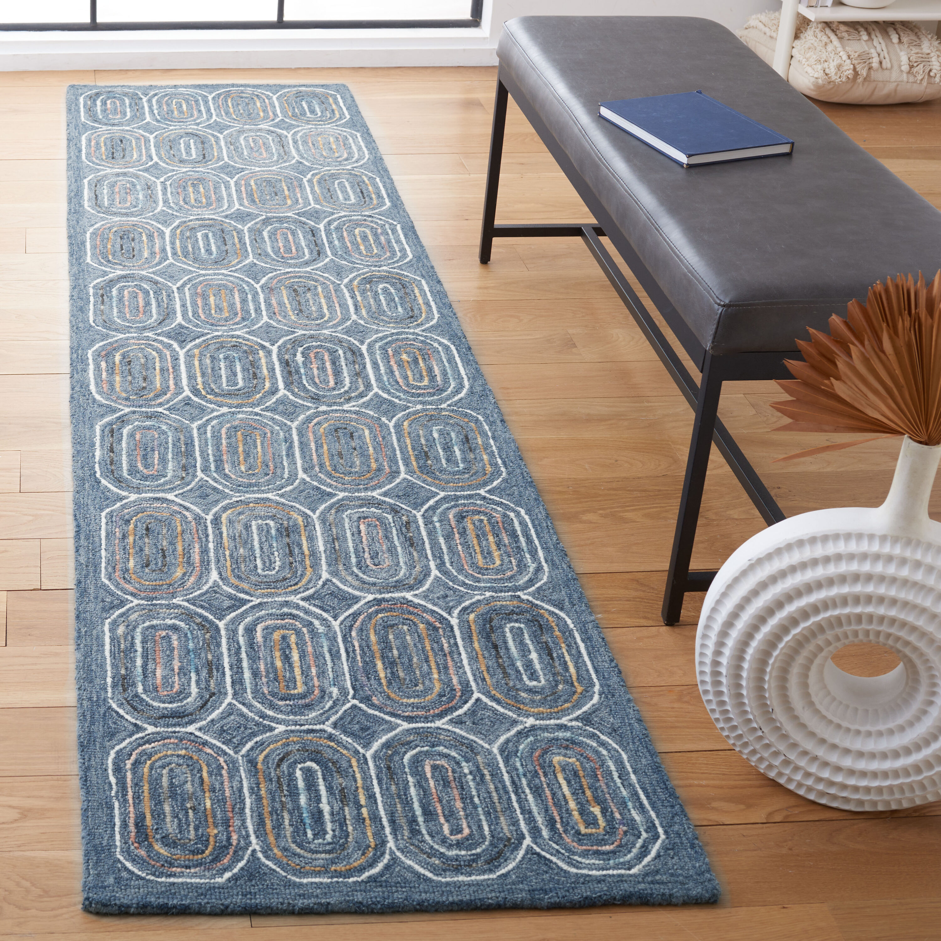  Metro Blue/Yellow Contemporary 2Ft-3In x 9Ft Runner Rug
