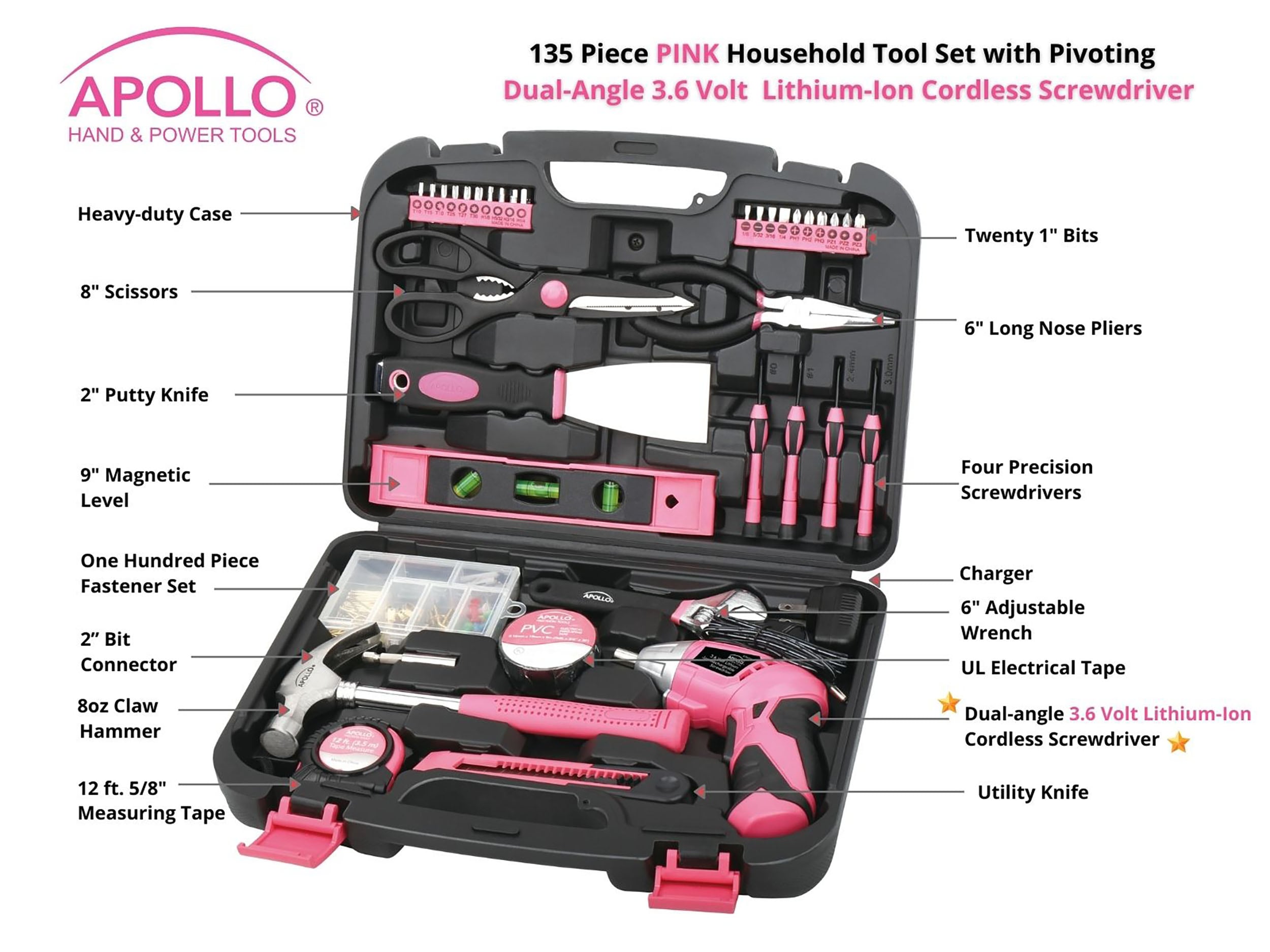 Apollo Tools 135-Piece Household Tool Set with Hard Case