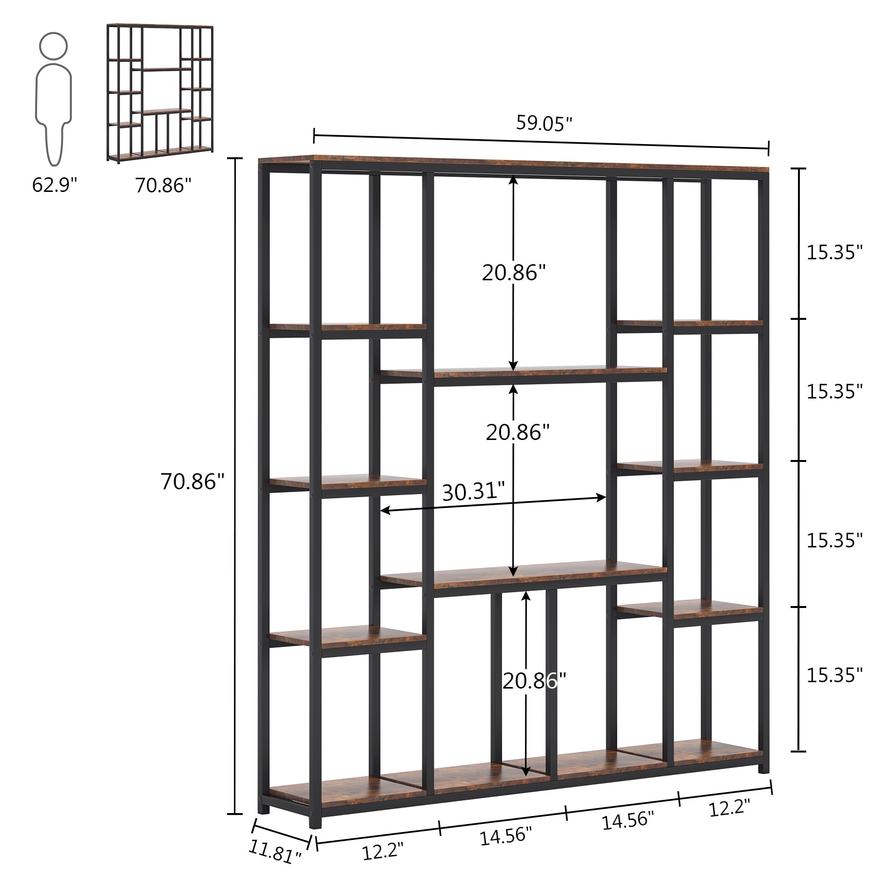 Tribesigns Hoga-f1199 Retro Brown Metal 12-Shelf Bookcase (59-in W x 70 ...