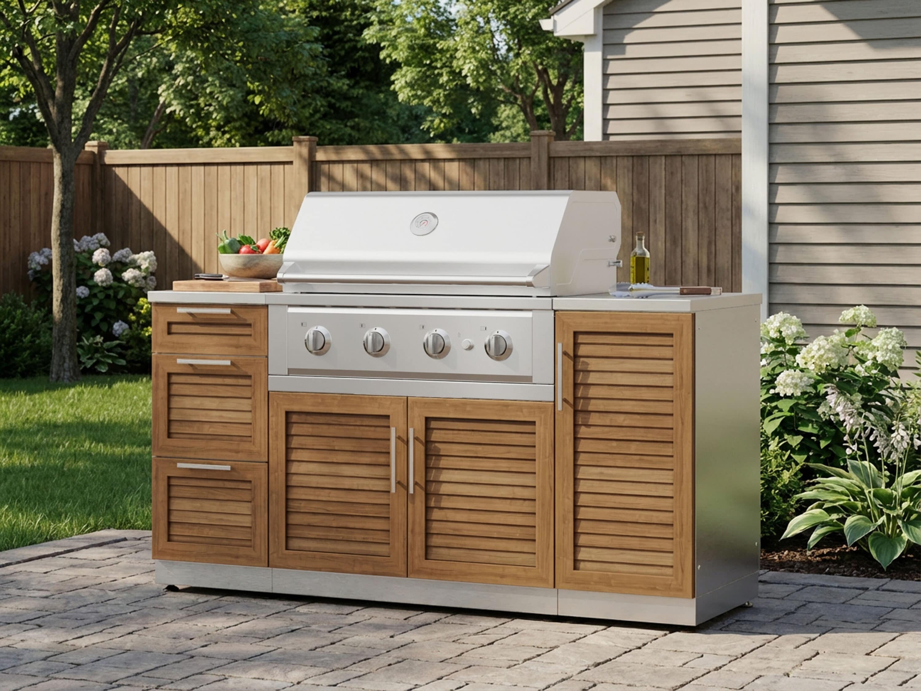 NewAge Products Classic Series 68-in W Grove Stainless steel Louvered Grill island Modular Outdoor Kitchen 4 -Burners