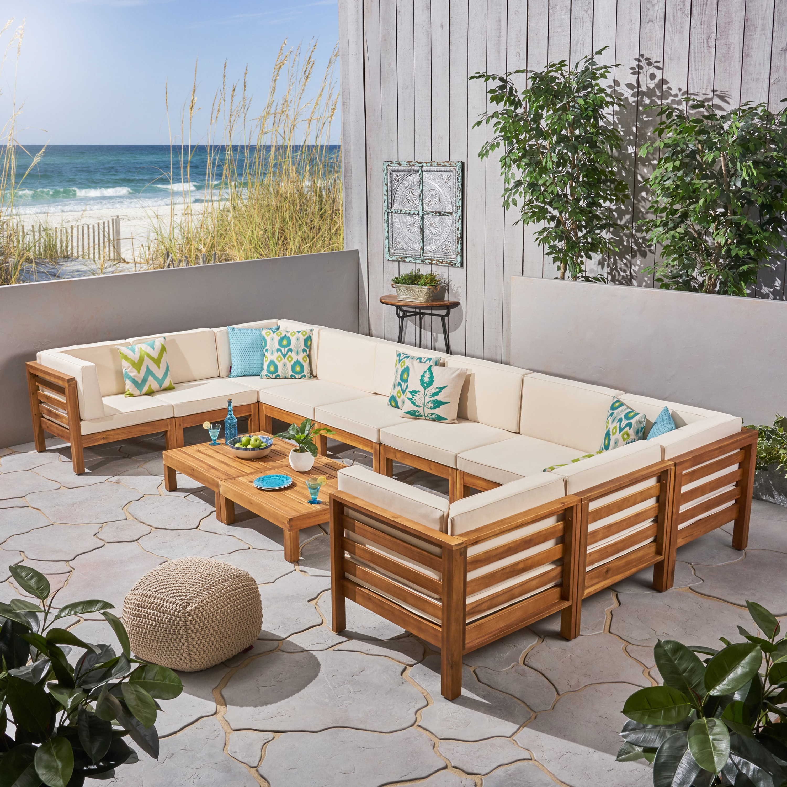 Christopher Knight Home Oana Outdoor 12 Piece U Shaped Acacia Wood Sectional Sofa Set Teak and Beige