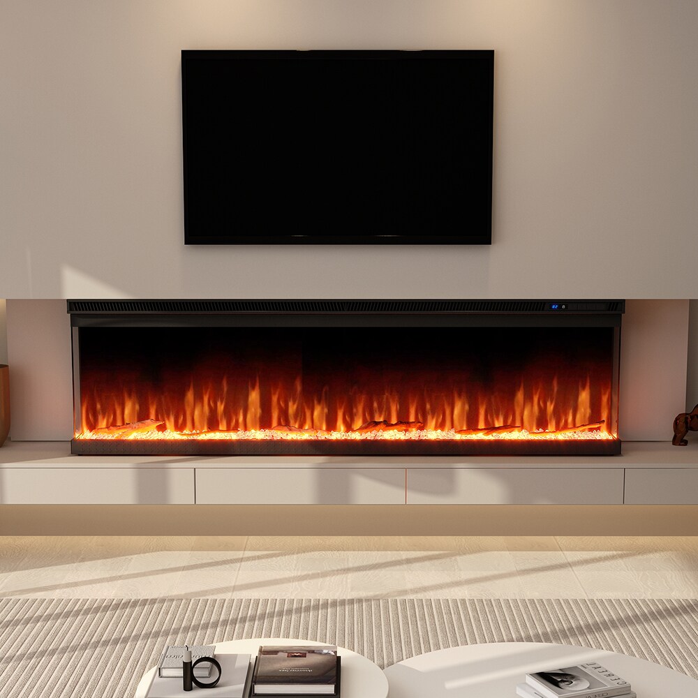 Homsee  60''W Black Recessed and Wall-Mount Electric Fireplace with Remote Acrylic Faux Crystal Front Panel 12 Flame Colors 5 Brightness Settings 7.9''D x 17''H