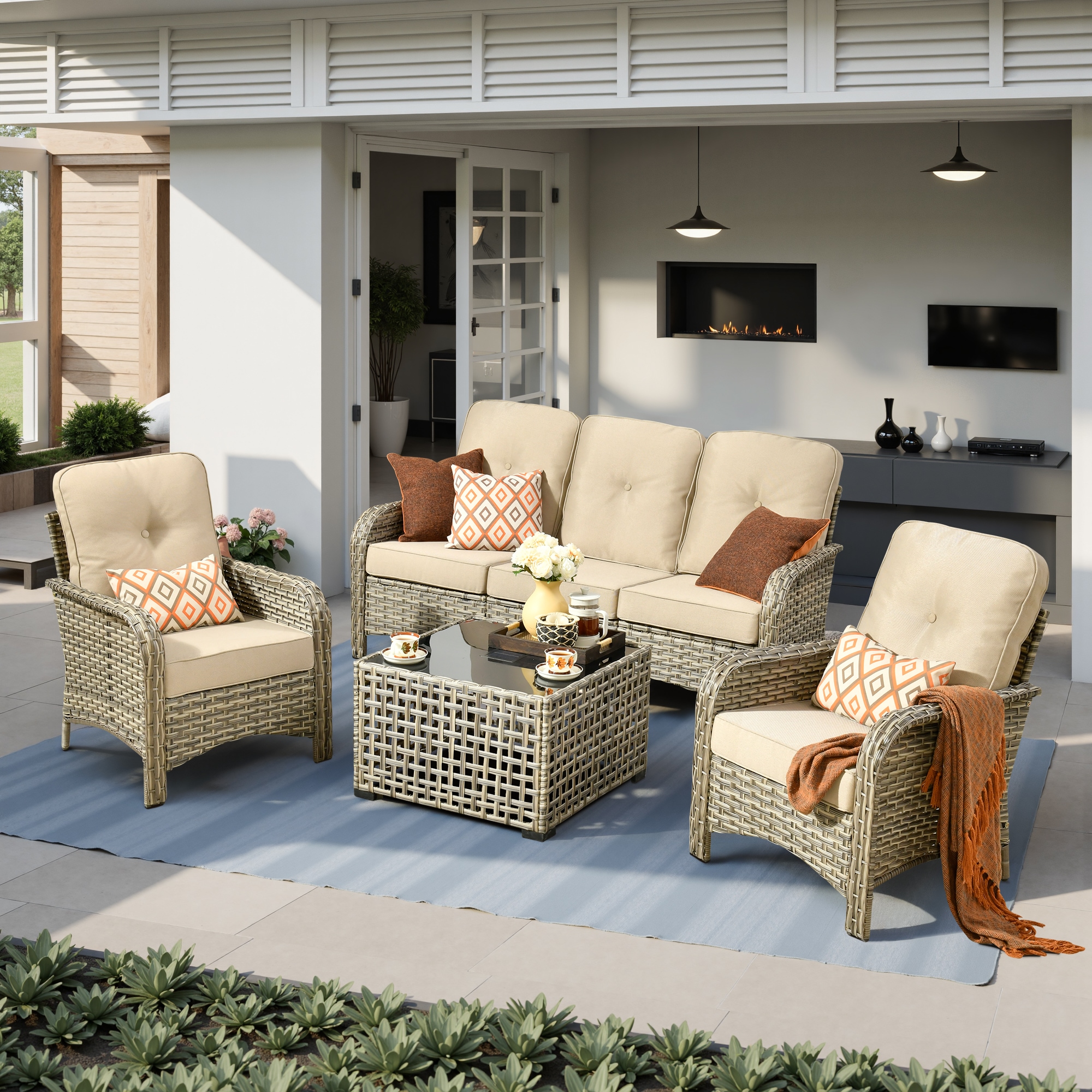 weaxty HMBVNC600S41 Belvoir 4 -Piece Wicker Patio Sofa Conversation Set with Off-white Cushions