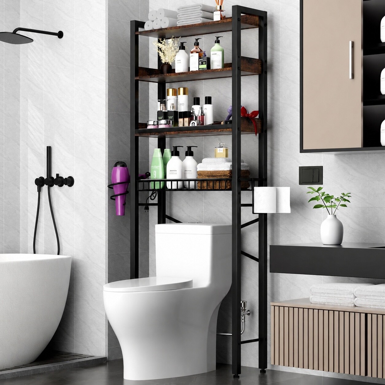 Vrbgify  Over The Toilet Storage Cabinet 4 Tier Bathroom Organizer with Adjustable Shelf Waterproof Feet Pad Basket and Dividers Freestanding