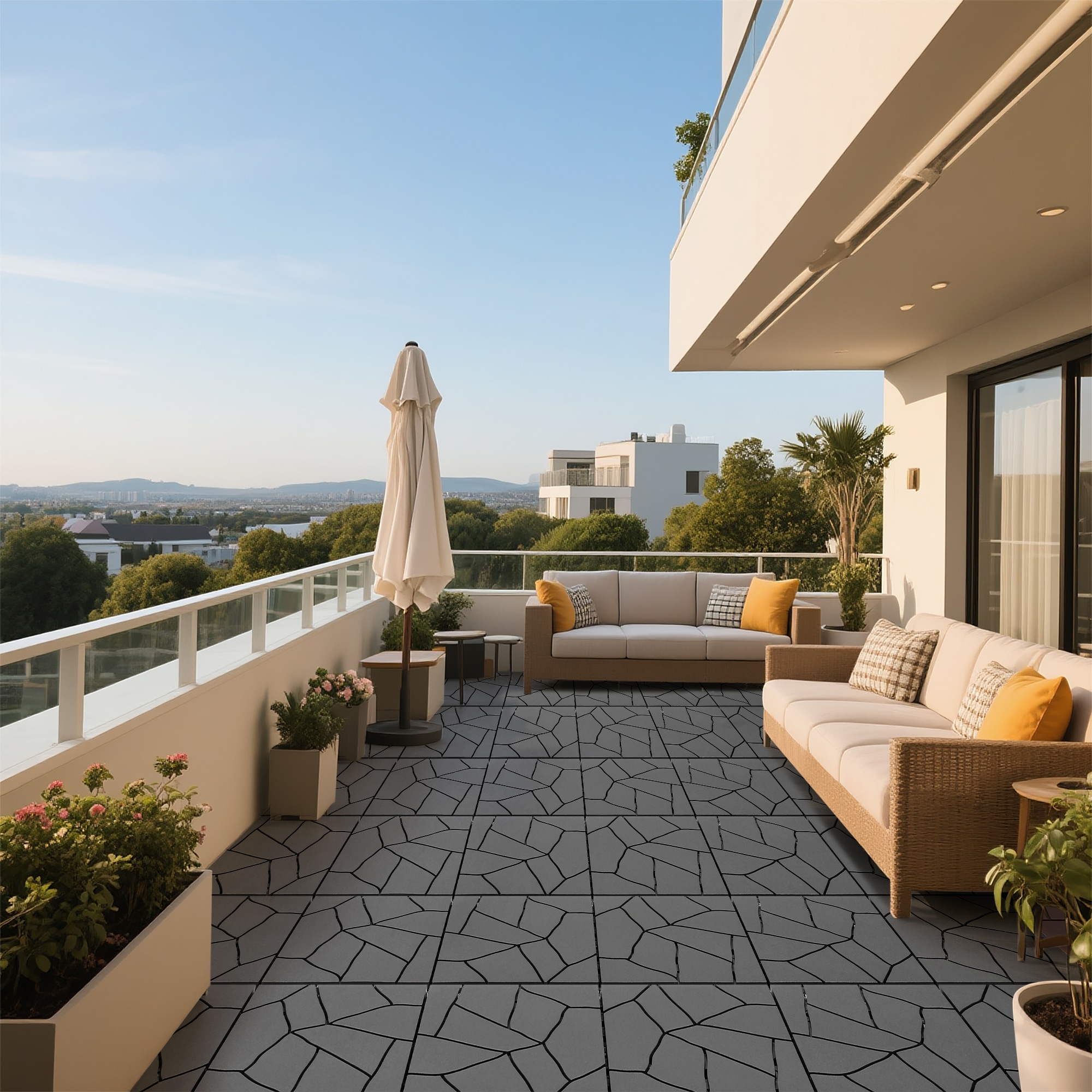 Boyel Living 12 Inch Dark Gray Stone Style Patio Deck Tiles DIY Interlocking Flooring 44 Pieces #BL-ZF-51849