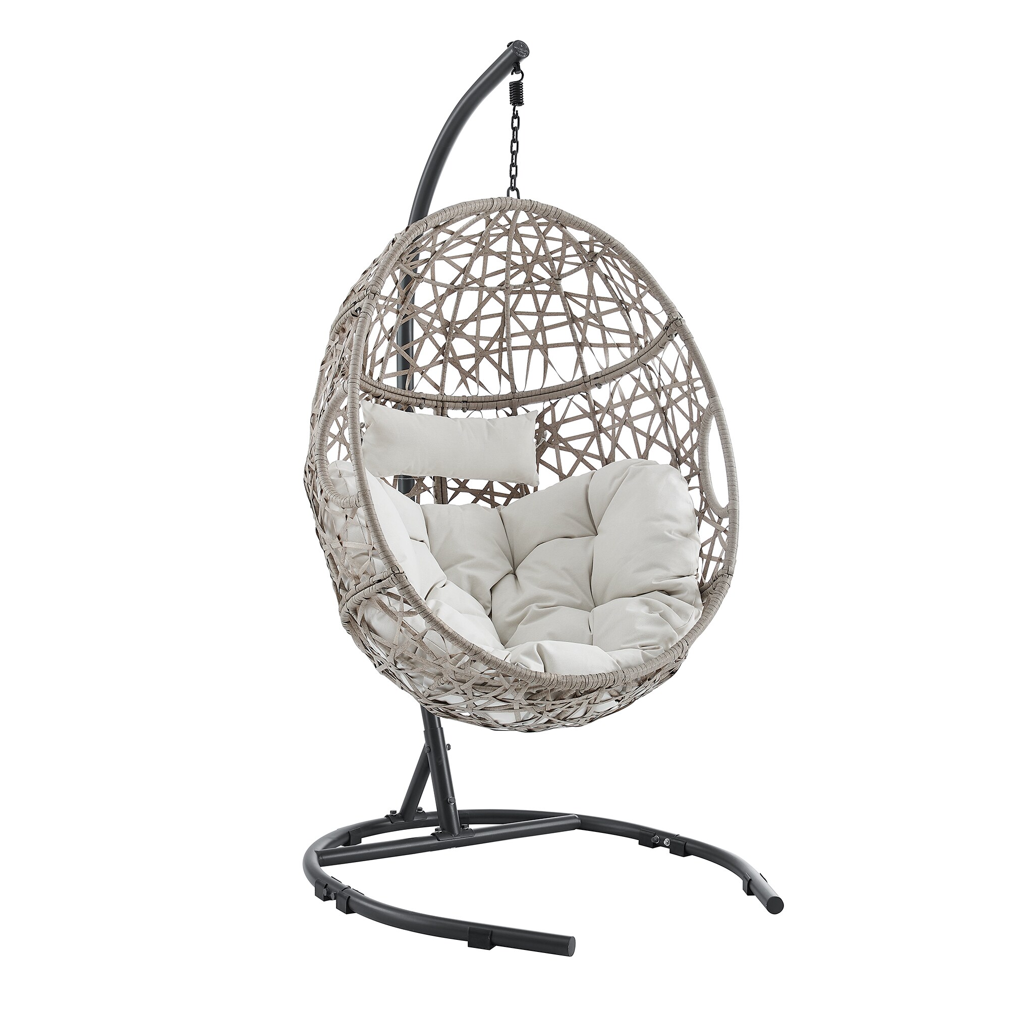 Egg Chair Wicker Black Metal Frame Hanging Egg Chair with Off-white Olefin Cushioned Seat | - PEAK HOME FURNISHINGS 970185B