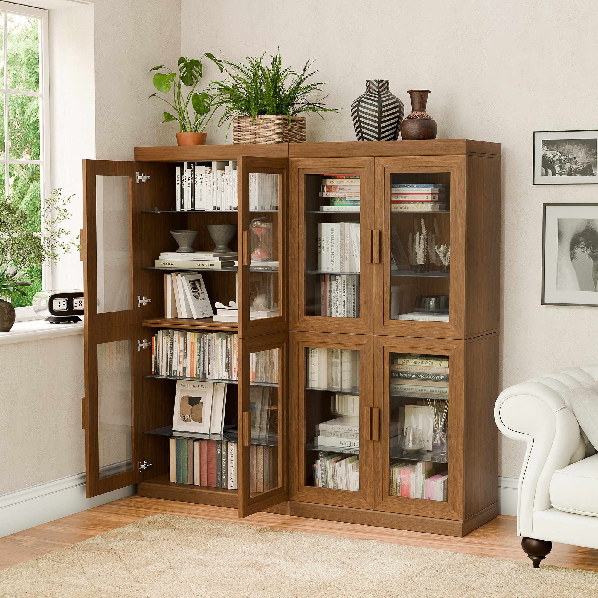 Vynxaria Walnut Storage Cabinet with Glass Doors 62.20-in W x 15.75-in D x 31.10-in H