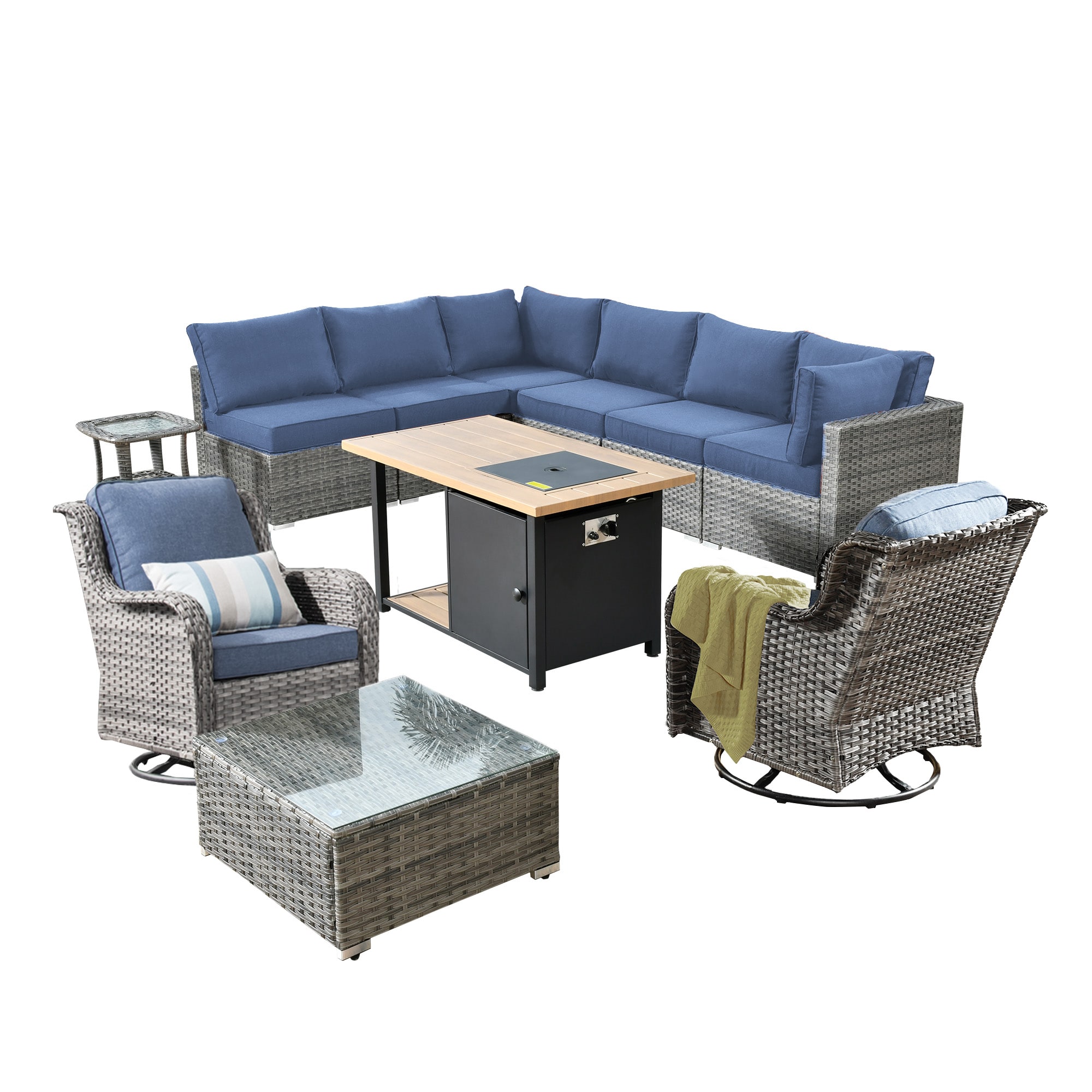 weaxty DDFP03RRSGNTC3011 11-Piece Rattan Patio Conversation Set with Blue Cushions