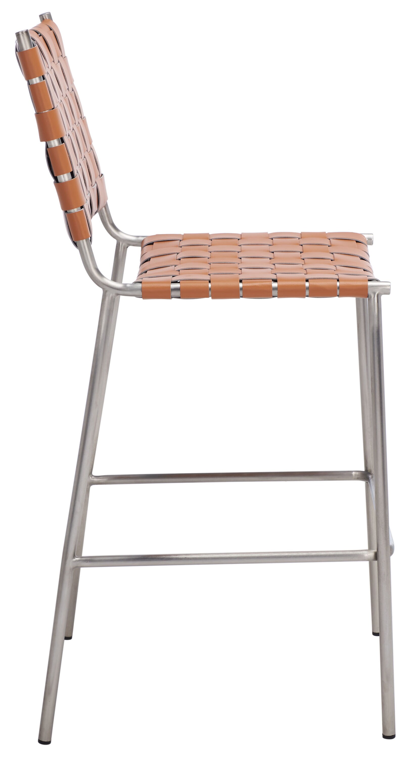 Cognac Leather and Silver Metal Saddle Counter Stool
