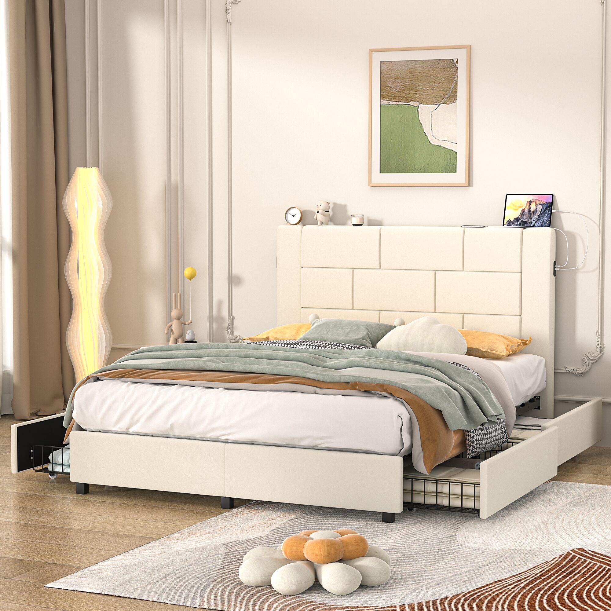 Vecelo LOE-FB12-BGE-UP Full Bed Frame with 4 Storage Drawers Velvet Upholstered Platform Beds Charging Station Noise Free Easy Assembly Beige