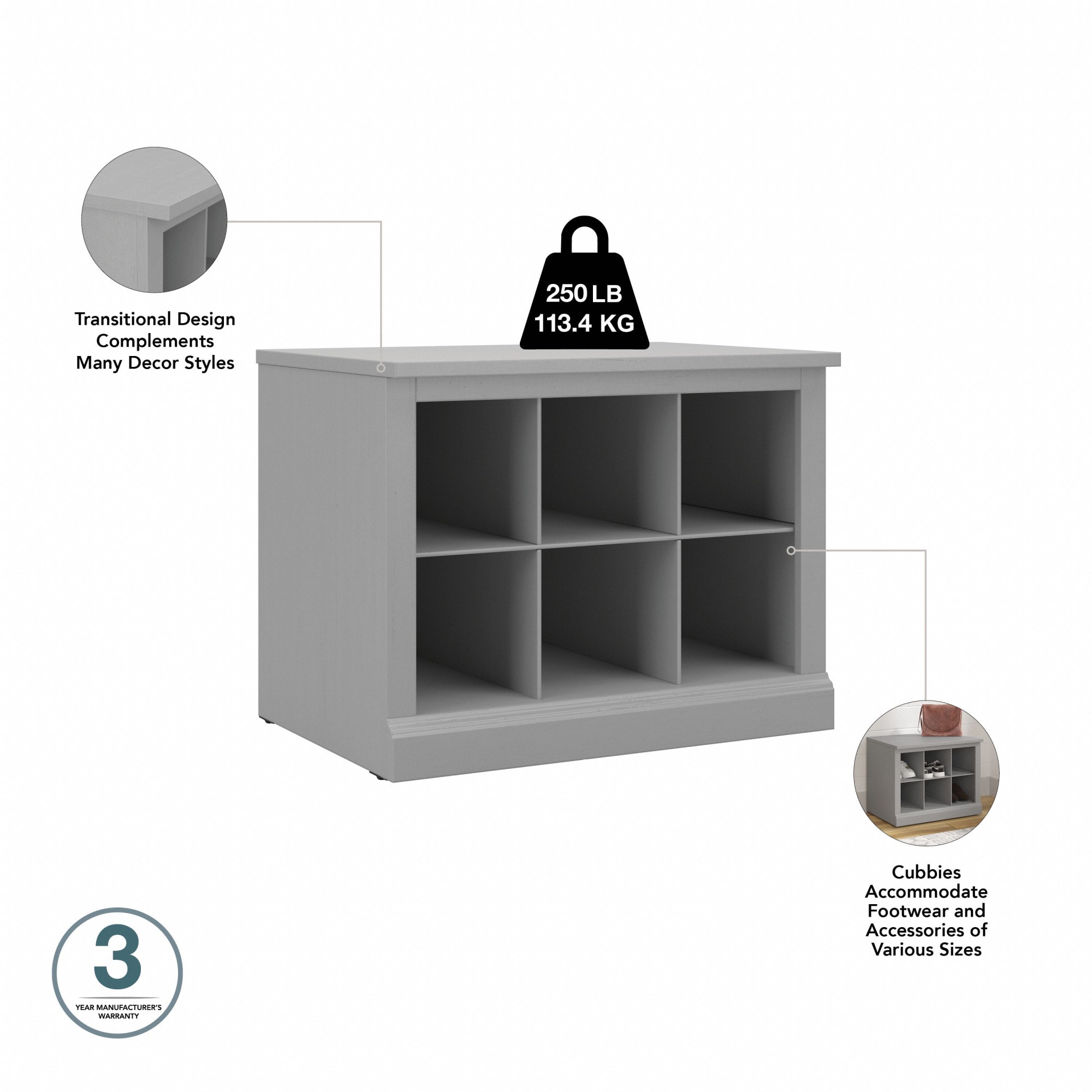 Cape Cod Gray Engineered Wood Entryway Shoe Storage Bench