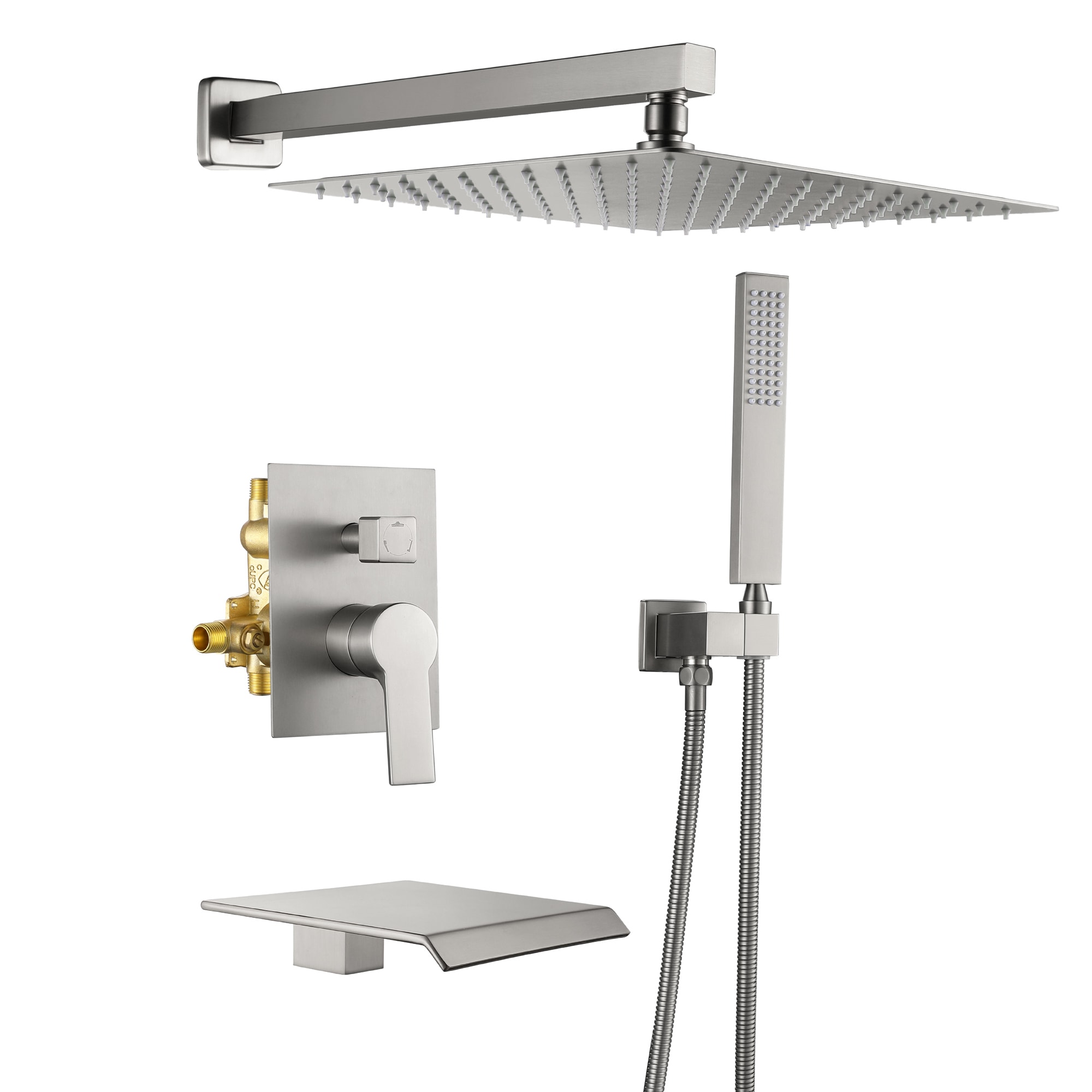 AAZJ NBC-CM64199ML Shower Systems Brushed Nickel 12-Inches Waterfall Shower Faucet Bar System with 2-way Diverter ( Ceramic Disc Valve Included )