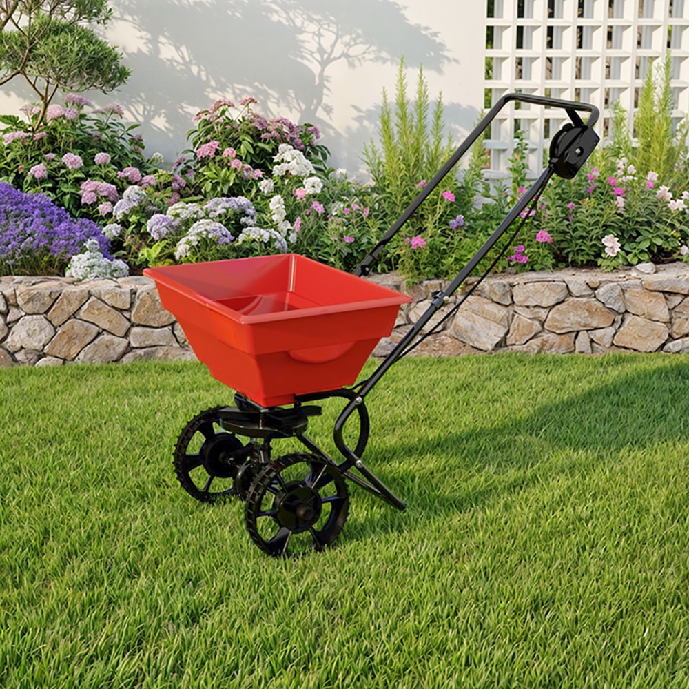 Homsee V-KF580001-01 25lb Push Garden Spreader with Rust-Proof Hopper Adjustable Flow Control and Flat-Free Wheels for Seed Fertilizer and Ice Melt