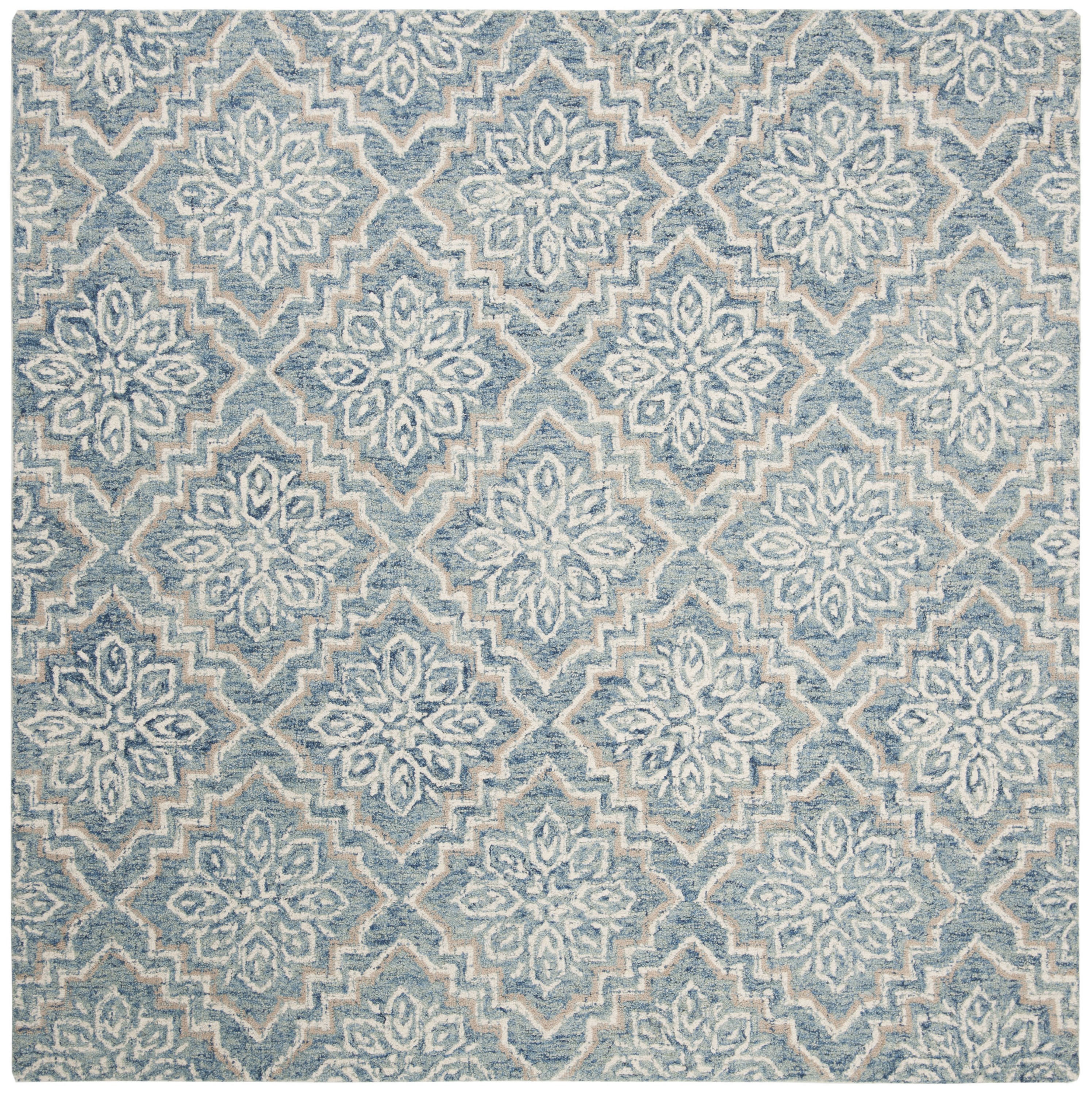Handmade Abstract Tufted Blue Wool Square Rug - 4' x 4'