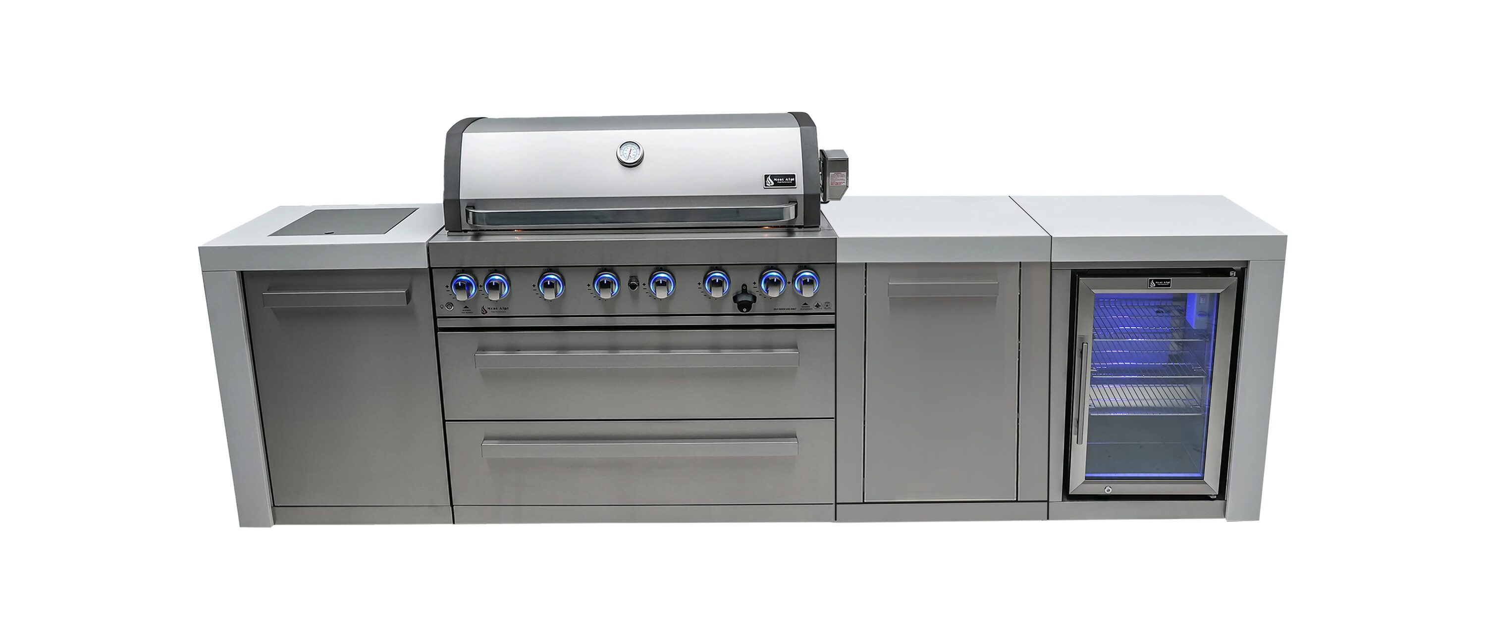 Mont Alpi 805 Deluxe XL Series 119-in W Modular Outdoor Kitchen Grill island with 8 -Burners Gas Grill, White / Stainless Steel
