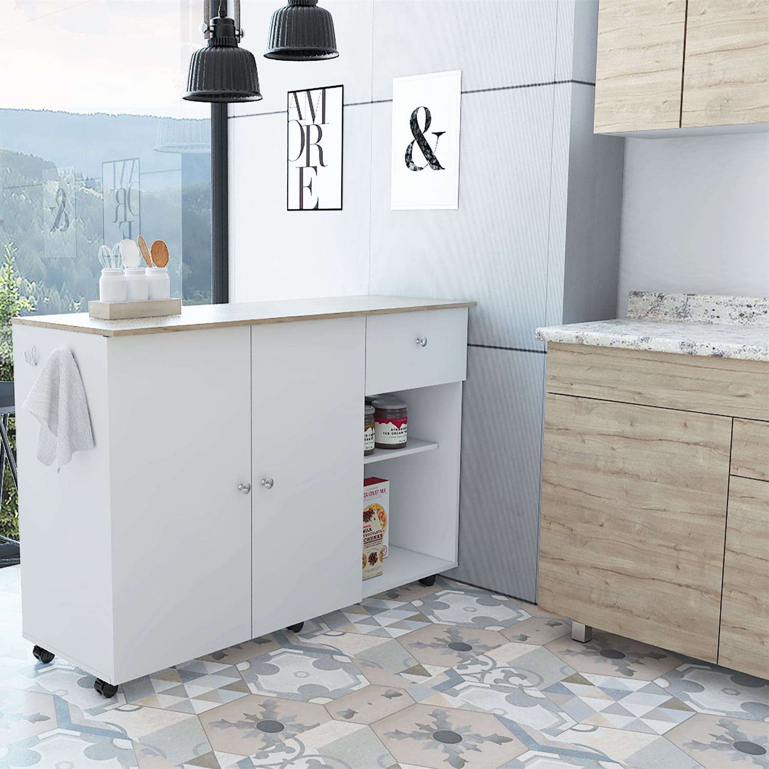 BABOOM White Composite Base with Composite Top Rolling Kitchen Island (18.1-in x 53.5-in x 36.2-in)