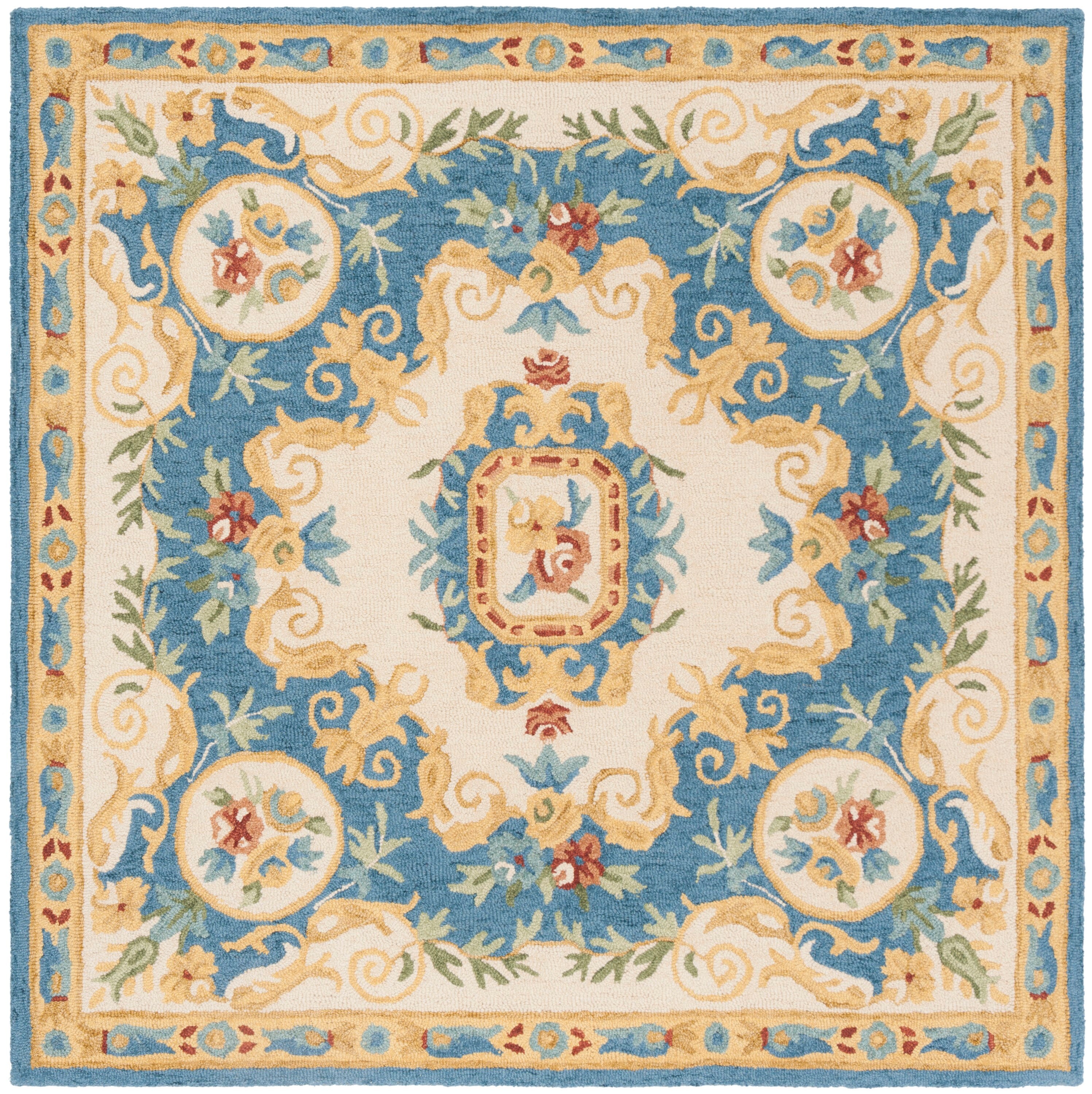 Handmade Medallion Tufted Wool Square Rug - Blue, 5' x 5'