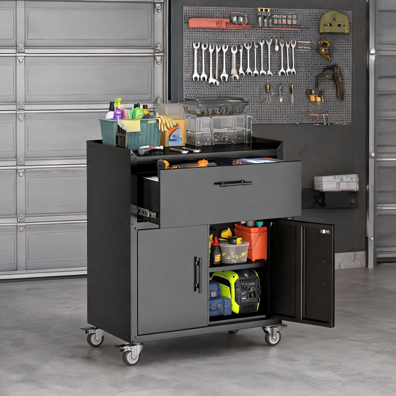 SunJet Reinforced Steel Rolling Tool Cabinet Lockable 2-Door Garage Storage with Adjustable Shelf and Drawer Sleek Black 35.4 H x 30.3 W #6EAEP7A2H6U7