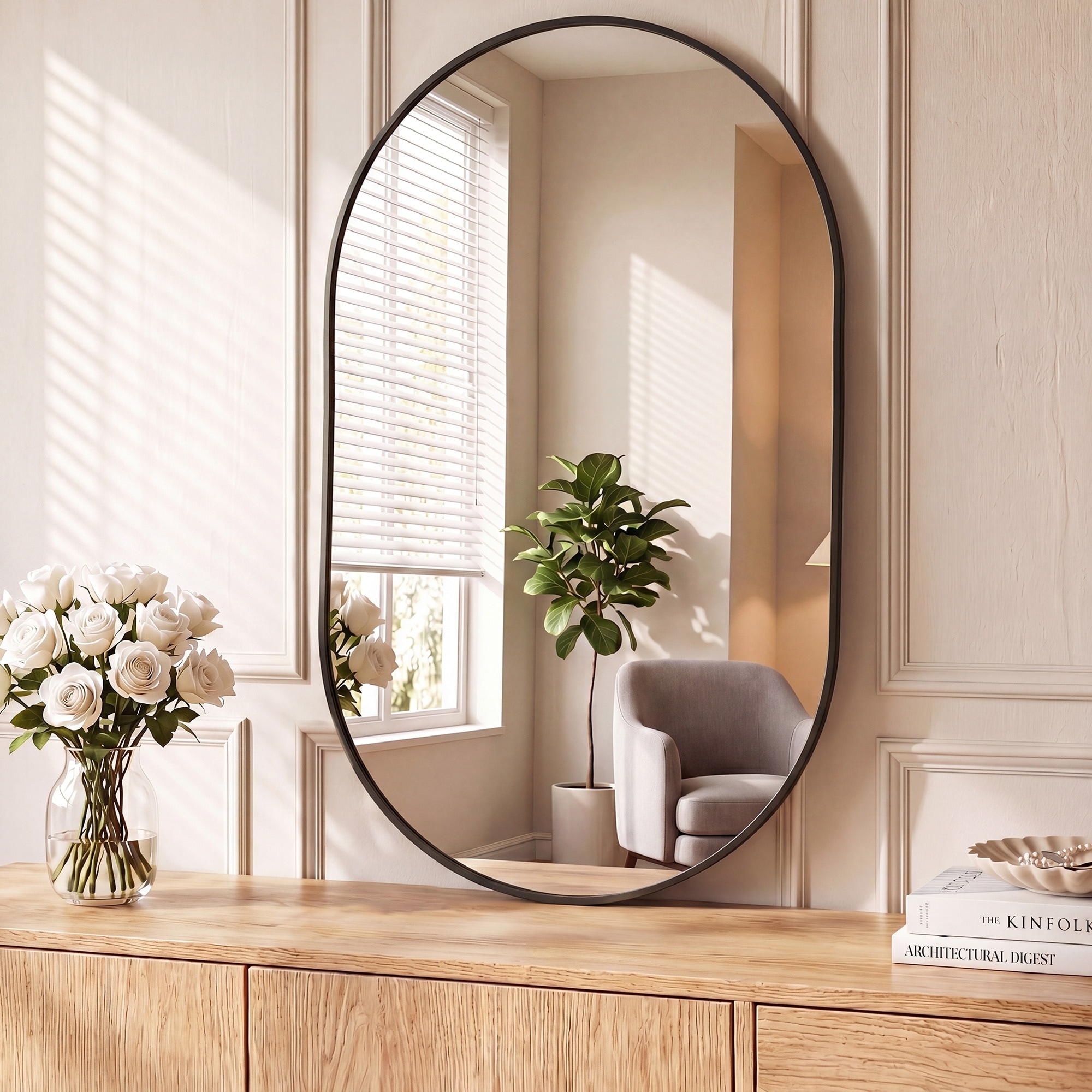 Sweetcrispy - 24-in W x 48-in H Modern Oval Brushed Black Framed Wall Mirror
