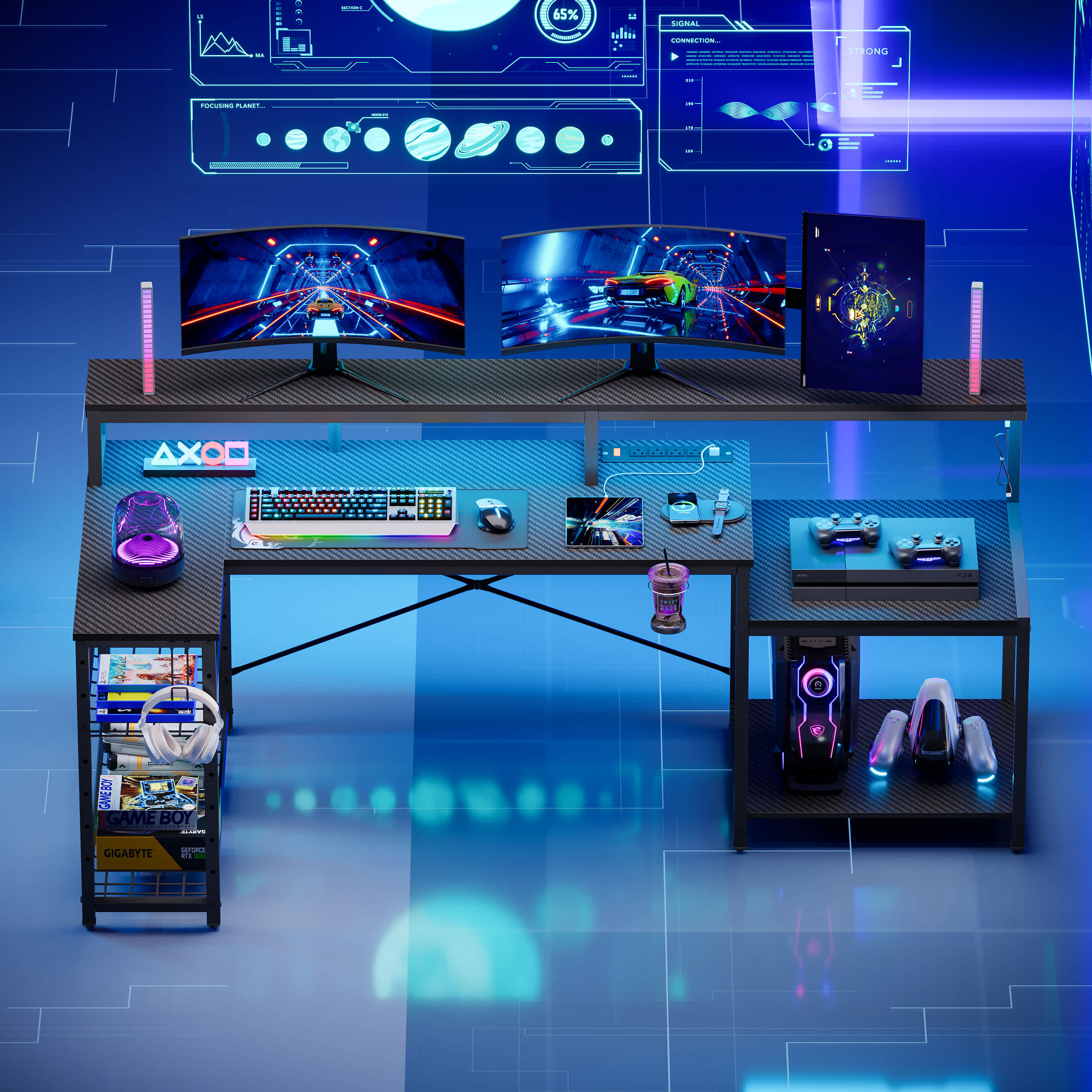 Bestier LOW-H100618KUS-BDCF 71.46-in W Black L-Shaped LED Gaming Desk with Power Outlet and Monitor Stand