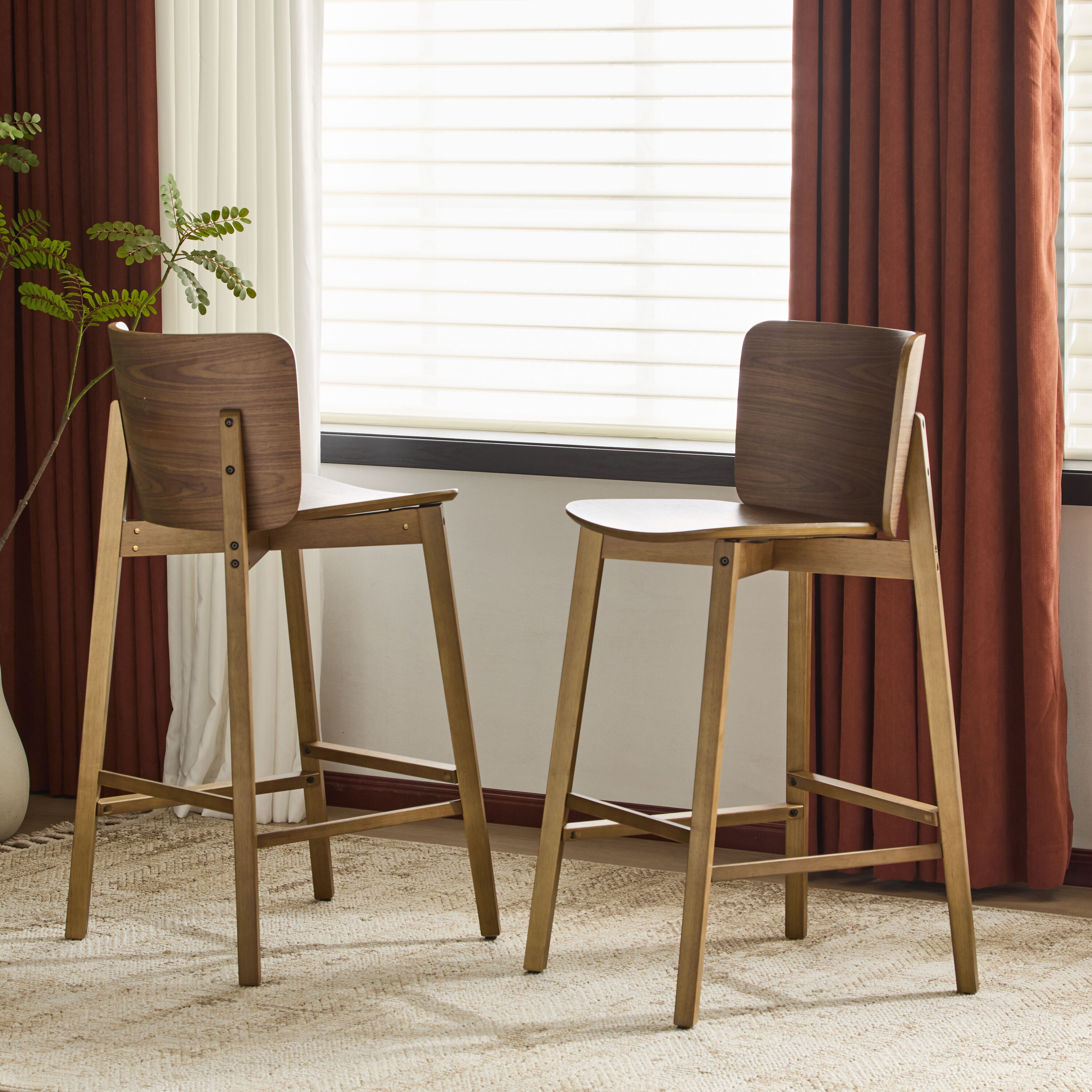 Christopher Knight Home 331287 Pari Sleek Bentwood Barstool Set with Low Profile Walnut Back and Solid Rubberwood Frame