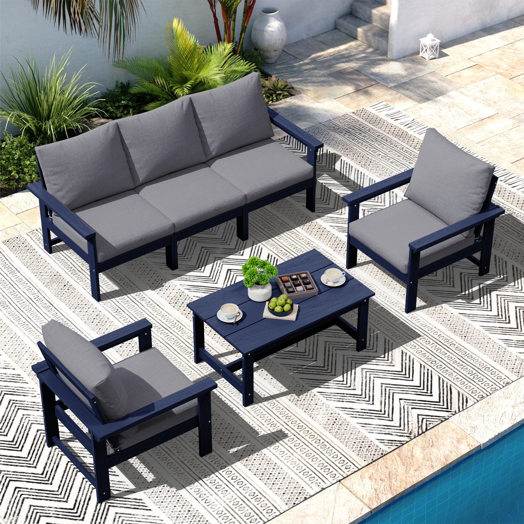 JEAREY PEZHSF06-BN Durable HDPE Patio conversation Set with Coffee Table Outdoor Sectional with Gray Cushions and HDPE Frame