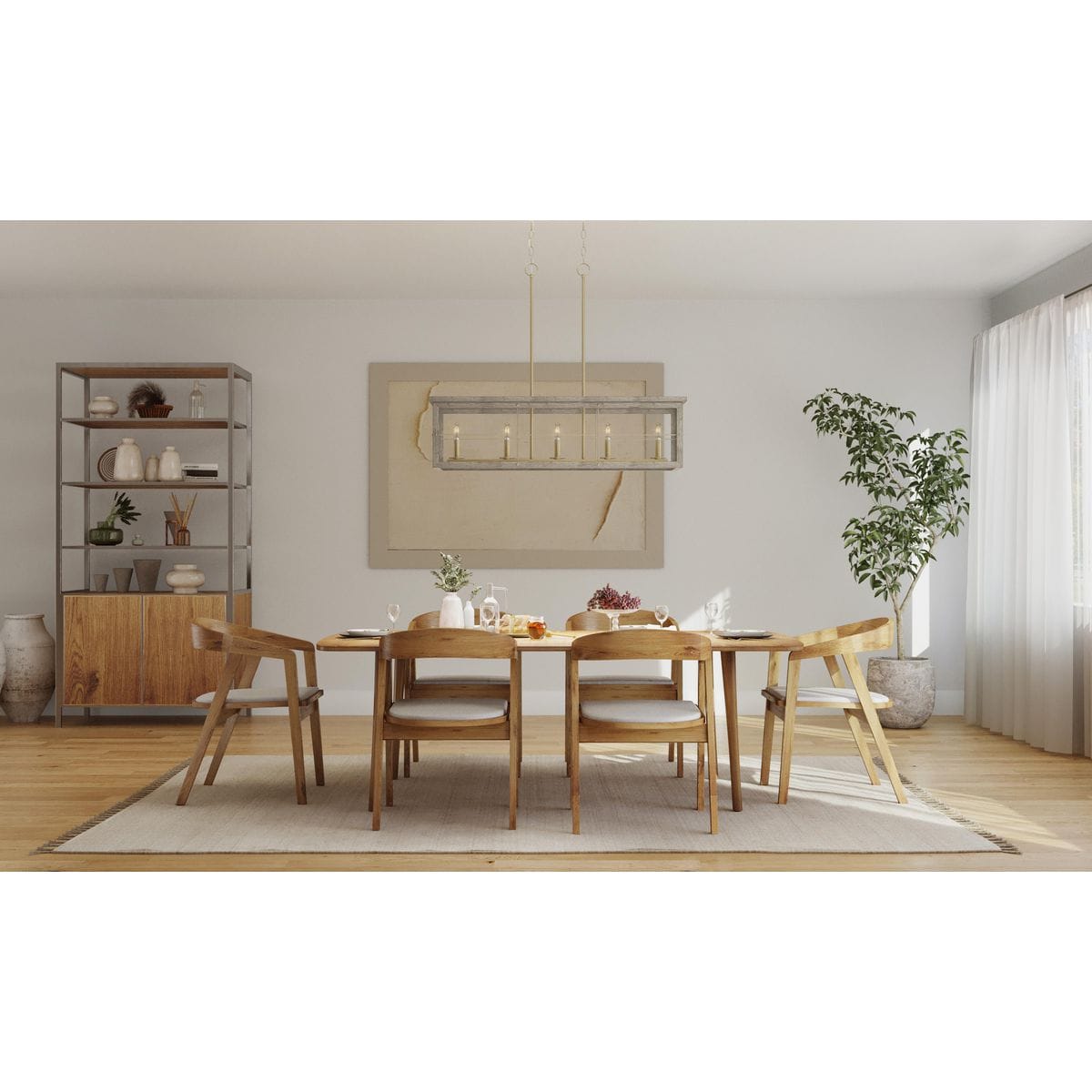 Hedgerow 5-Light Distressed Brass and Oak Linear Island Chandelier