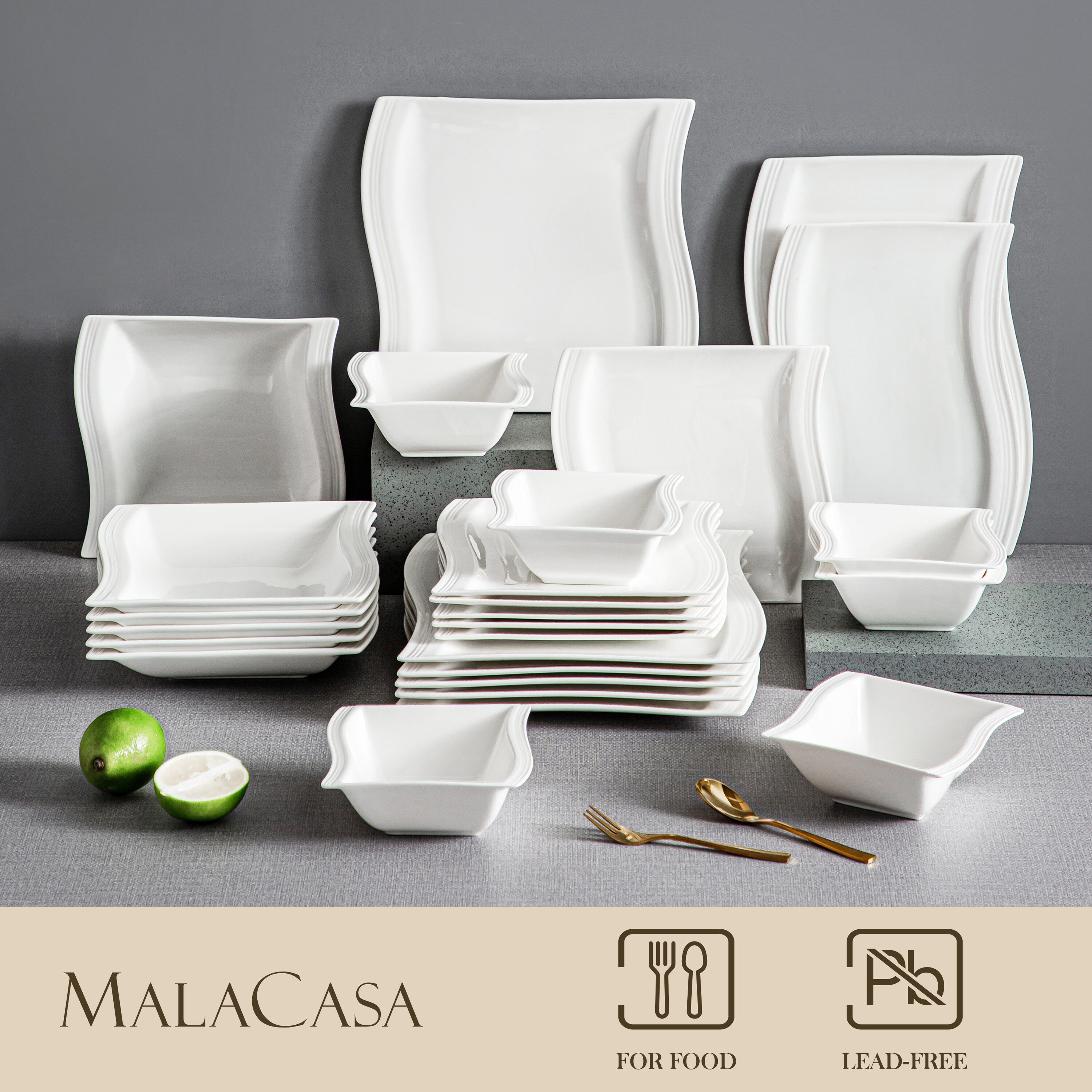 MALACASA Plates and Bowls Sets, 26 Piece Ivory White Square Dinnerware  Sets for 6, Porcelain Dinnerware Set with Dinner Plate Set, Cereal Bowls  and Serving Platters, Kitchen Dish Set, Series