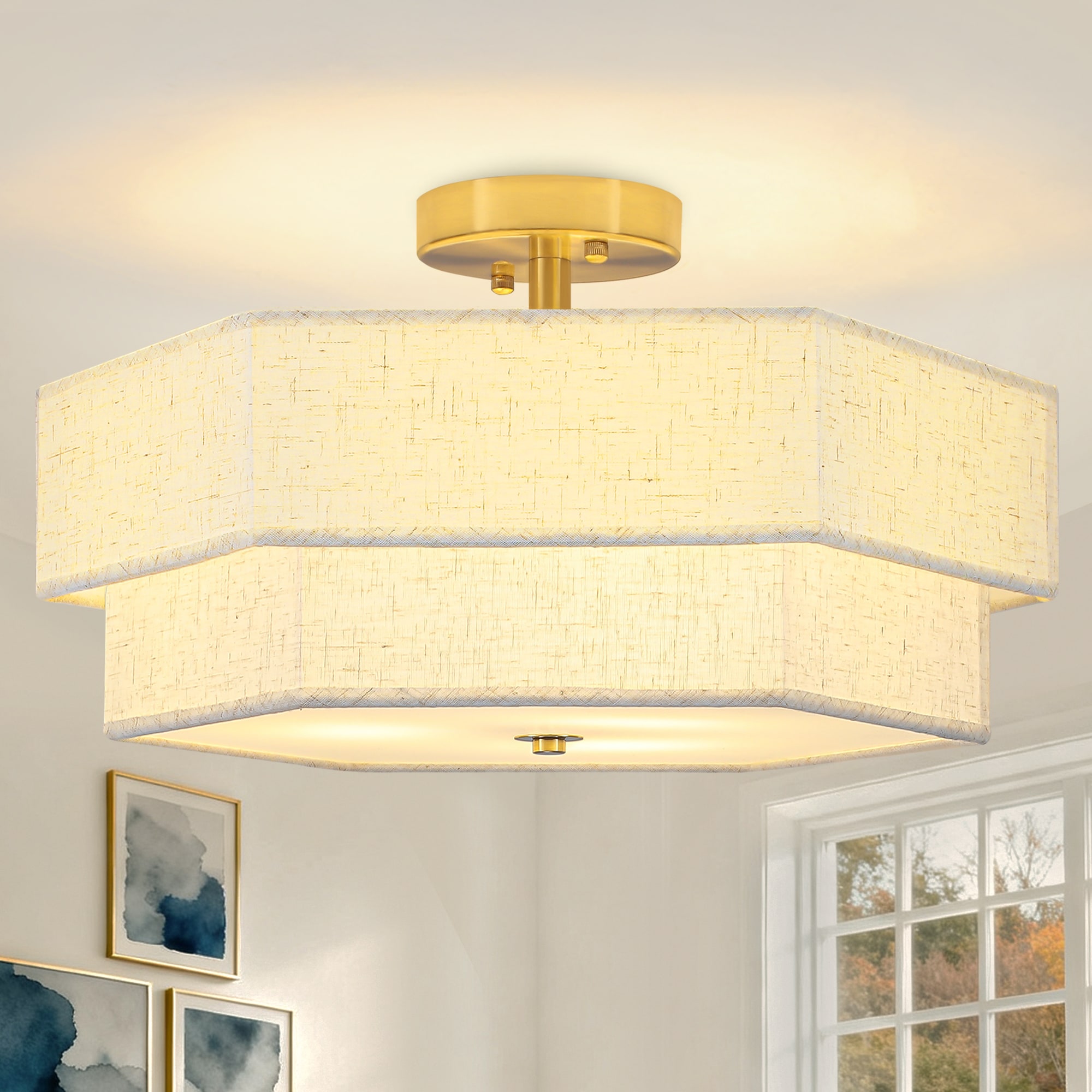 ZSMIHDOH 17.7-in Gold Indoor 3 -Light Semi-flush Mount Light with Fabric Shade