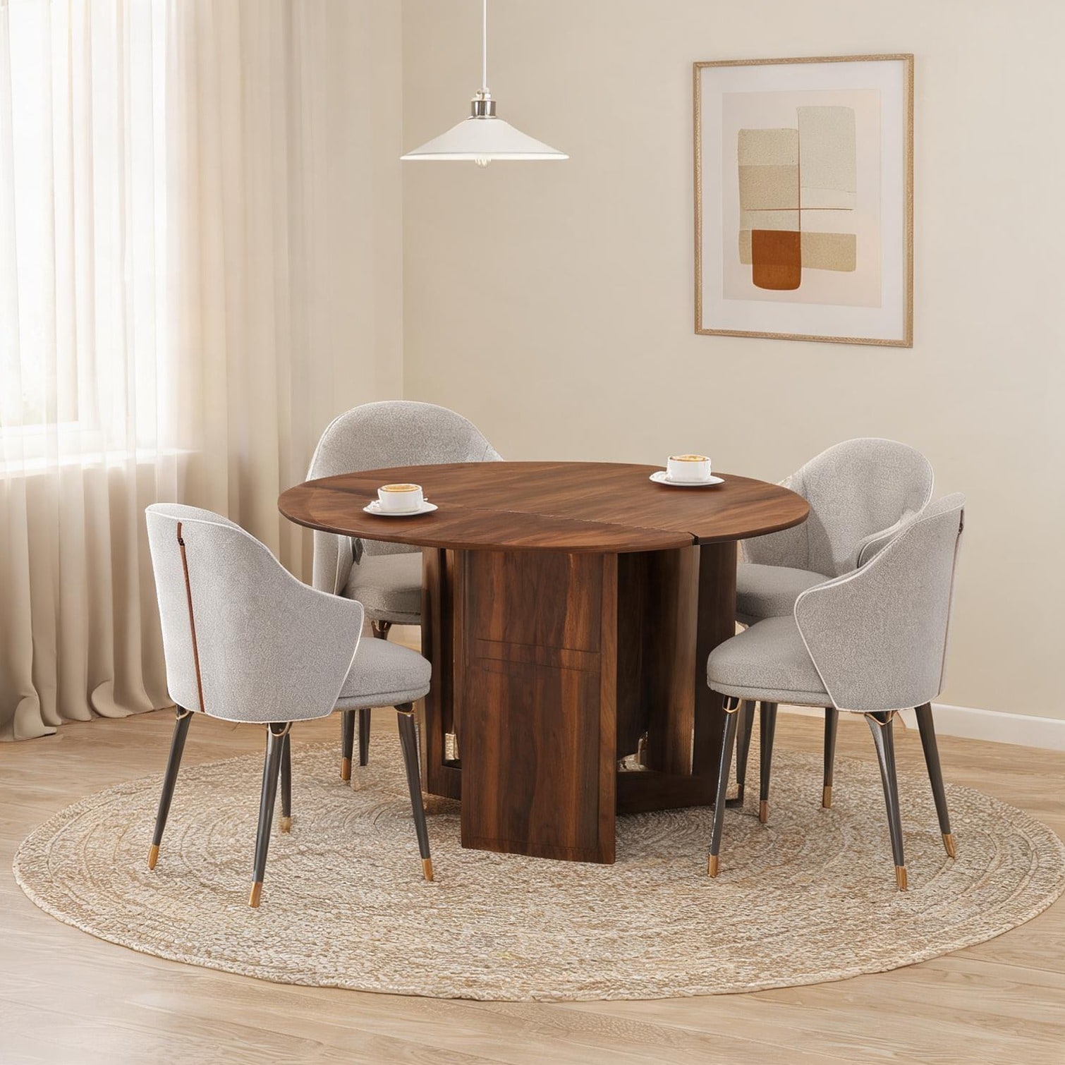 SunJet Small Space Dining Table Round Drop Leaf Design Walnut 55 in ...
