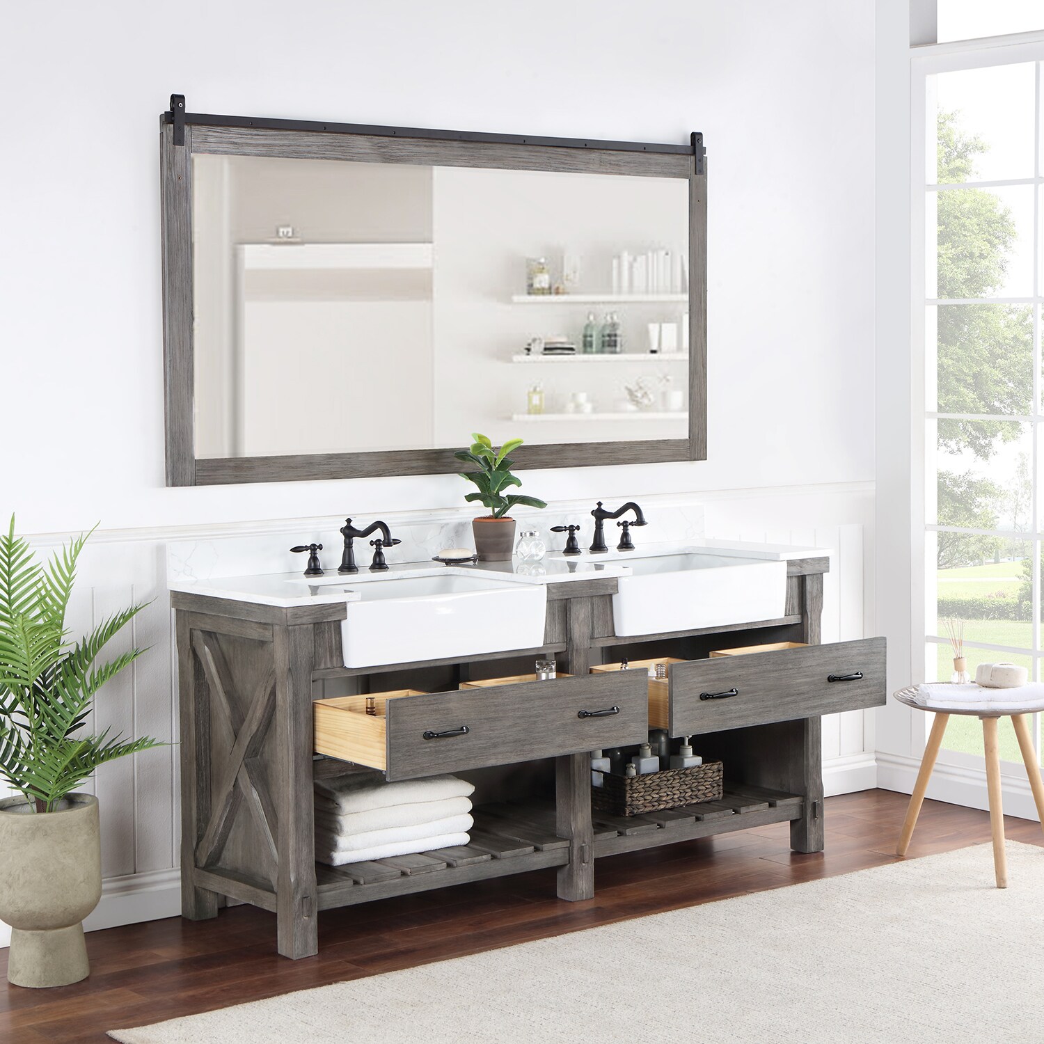 Farmhouse 72 in Double Sink Bathroom Vanity in Grey with Calacatta Gold  Quartz Countertop