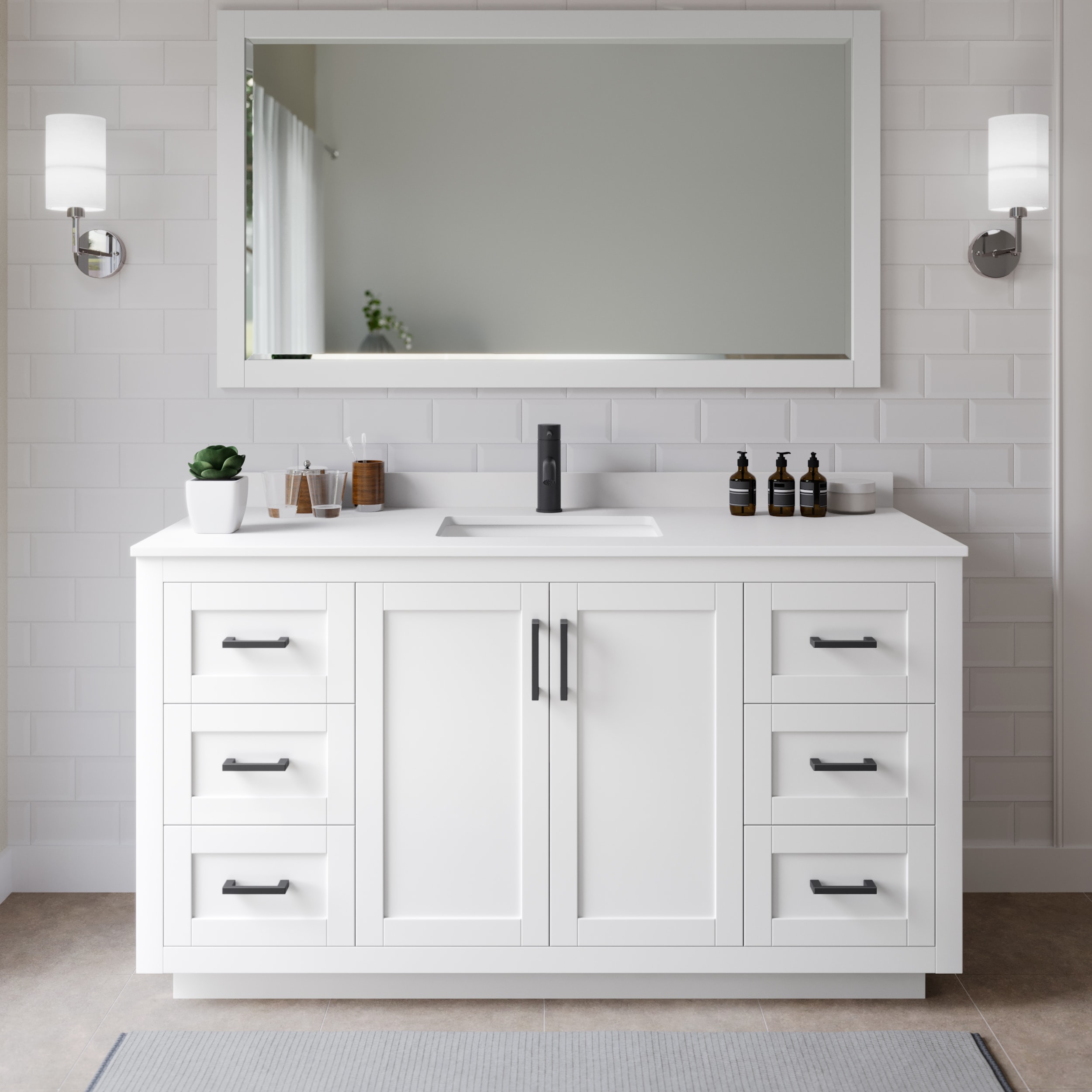 Wyndham Collection WCF292966SWBWCUNSMXX Miranda 66-in White with Matte Black Trim Undermount Single sink Bathroom Vanity with White Cultured Marble Cultured marble Top