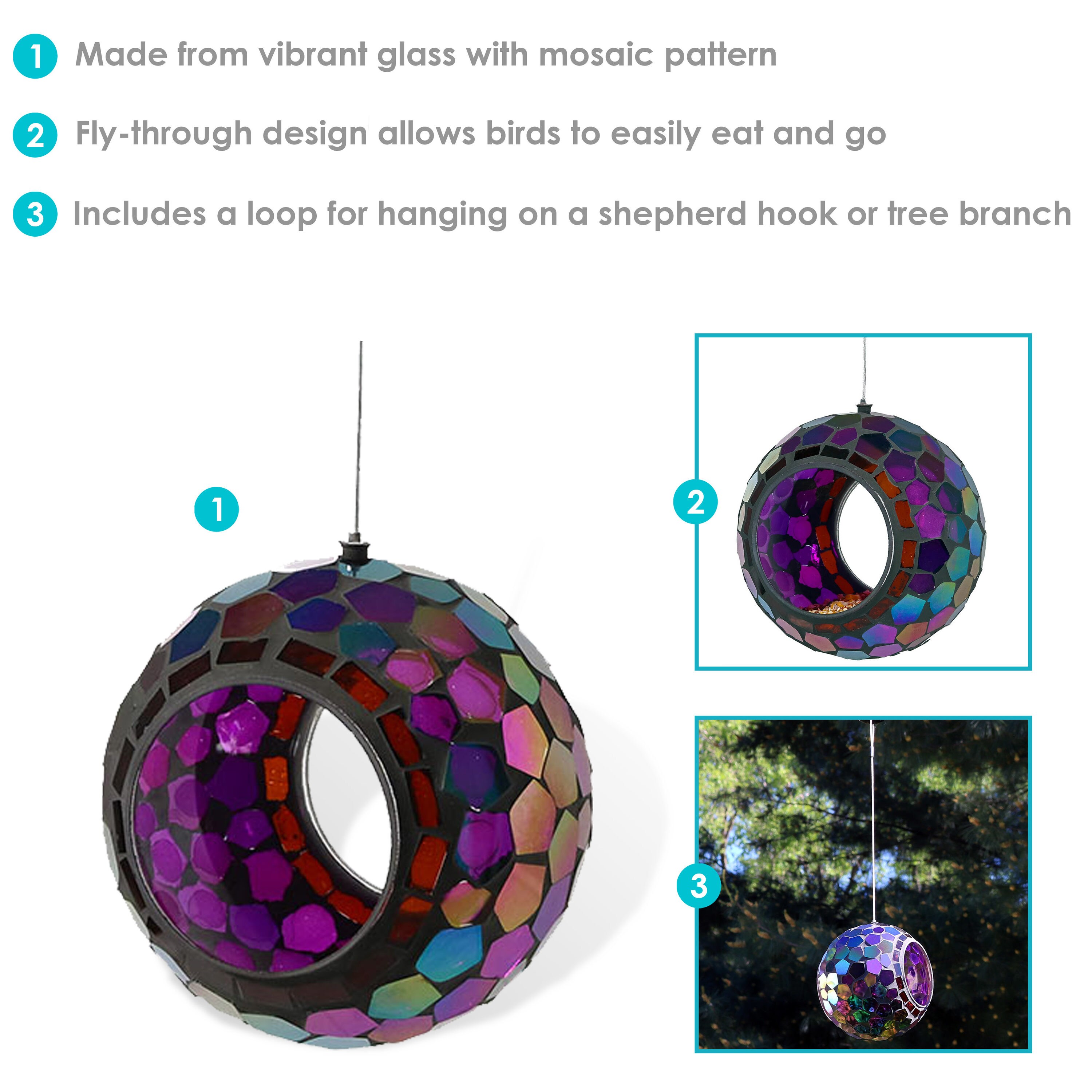 Iridescent Purple Mosaic Glass Hanging Bird Feeder, 6-Inch