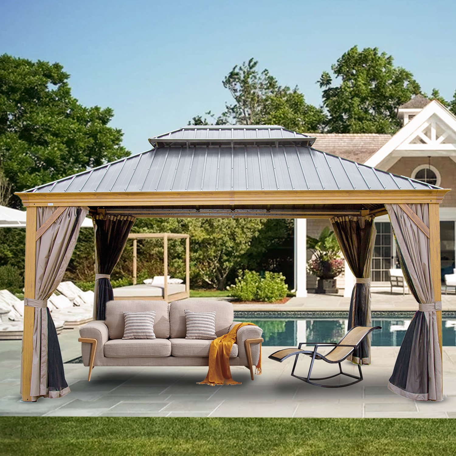 BANSA ROSE BLZJLY041737 12-ft x 16-ft Brown Rectangle Grill Gazebo with Hardtop Aluminum Roof (Screen Included)