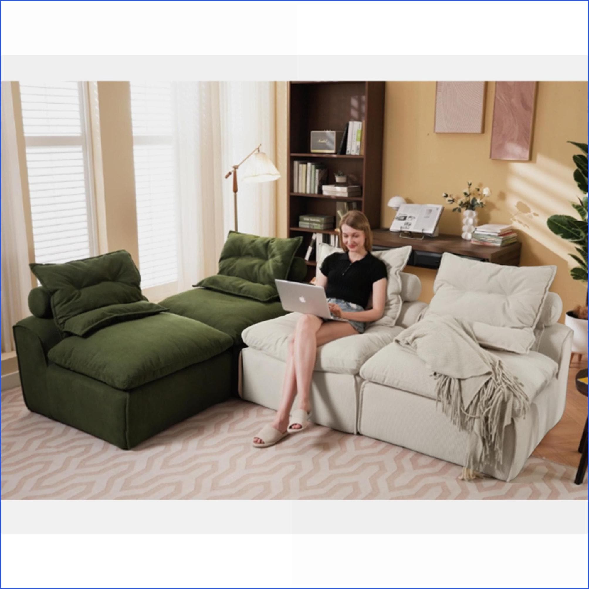 Watnature Sofas Modular Armrest-Free 4-Seat DIY Corduroy Sofa for Small Spaces Reading Nooks  Upholstered  Sage Green  Beige