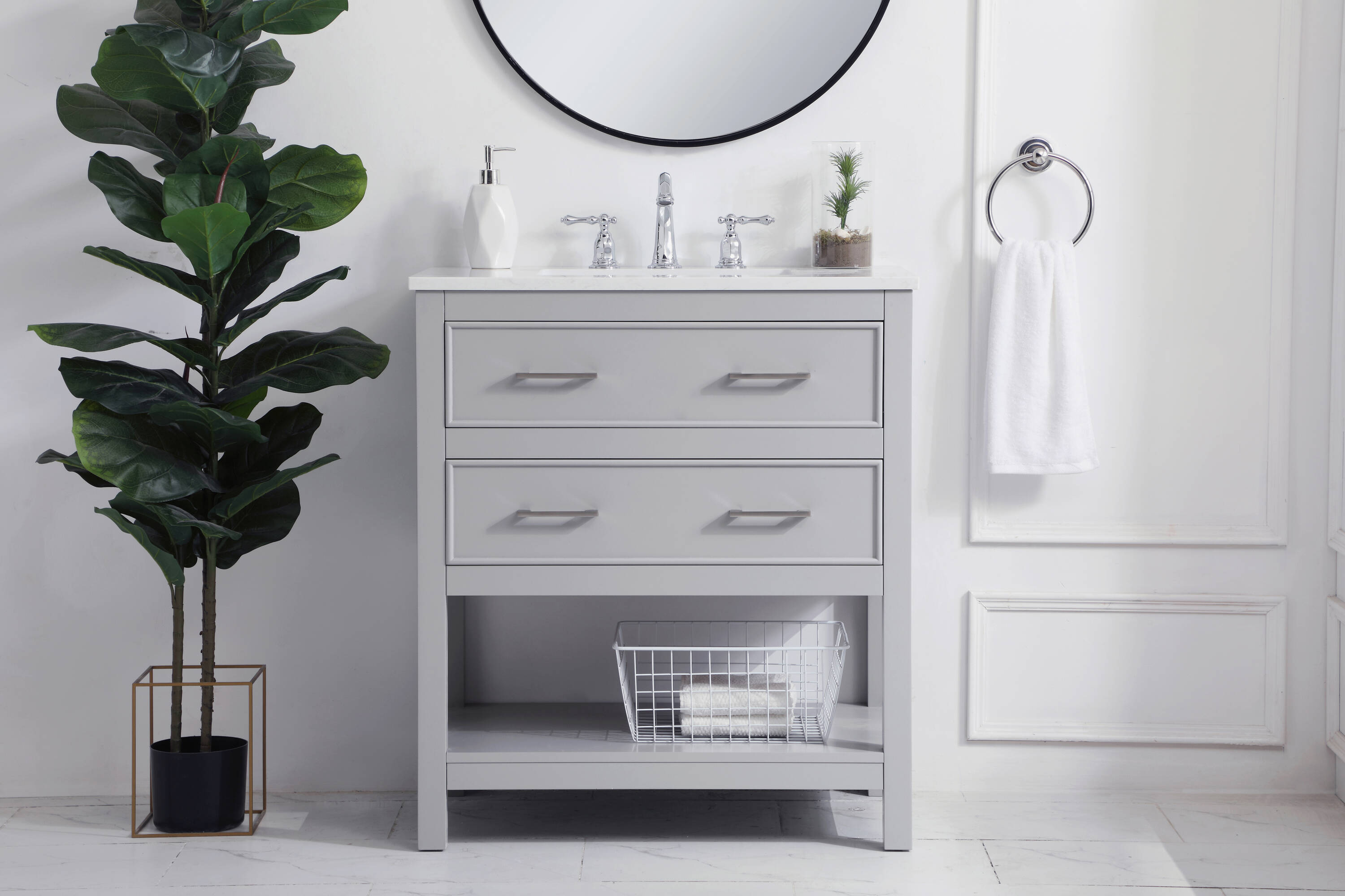 Home Furnishing 30-in Grey Undermount Single Sink Bathroom Vanity with Calacatta White Engineered Marble Top in Gray | - Elegant Decor HF57090GR