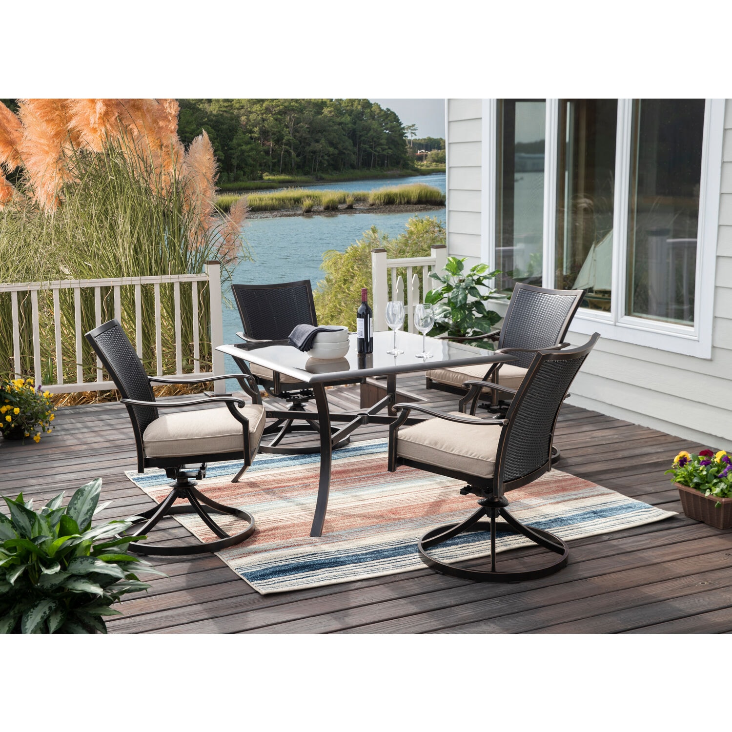 Hanover TRADDNWB5PCSWSQG-TAN Traditions 5 -Piece Bronze Patio Dining Set Aluminum Square Table with 4 Tan Cushions Swivel Rocker Chairs